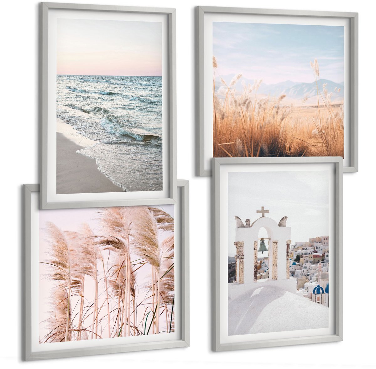 Coloray 4-Delige Schilderij Set - Zeeplanten, Zeegolven, Uitzicht Op De Witte Huizen - 40 x 40 cm En 40 x 60 cm - Wanddecoratie - Moderne Interieurdecoratie - Decoratieve Schilderijen