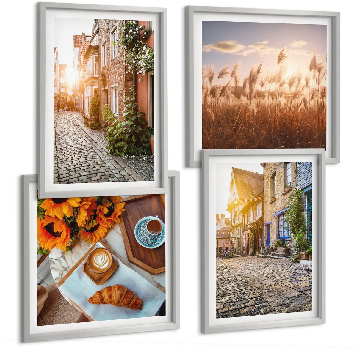 Coloray 4-Delige Schilderij Set - Sfeervolle Straatjes Met Koffie En Zonnebloemen - 40 x 40 cm En 40 x 60 cm - Wanddecoratie - Woonkamer Decoratie - Stijlvolle Muurdecoratie