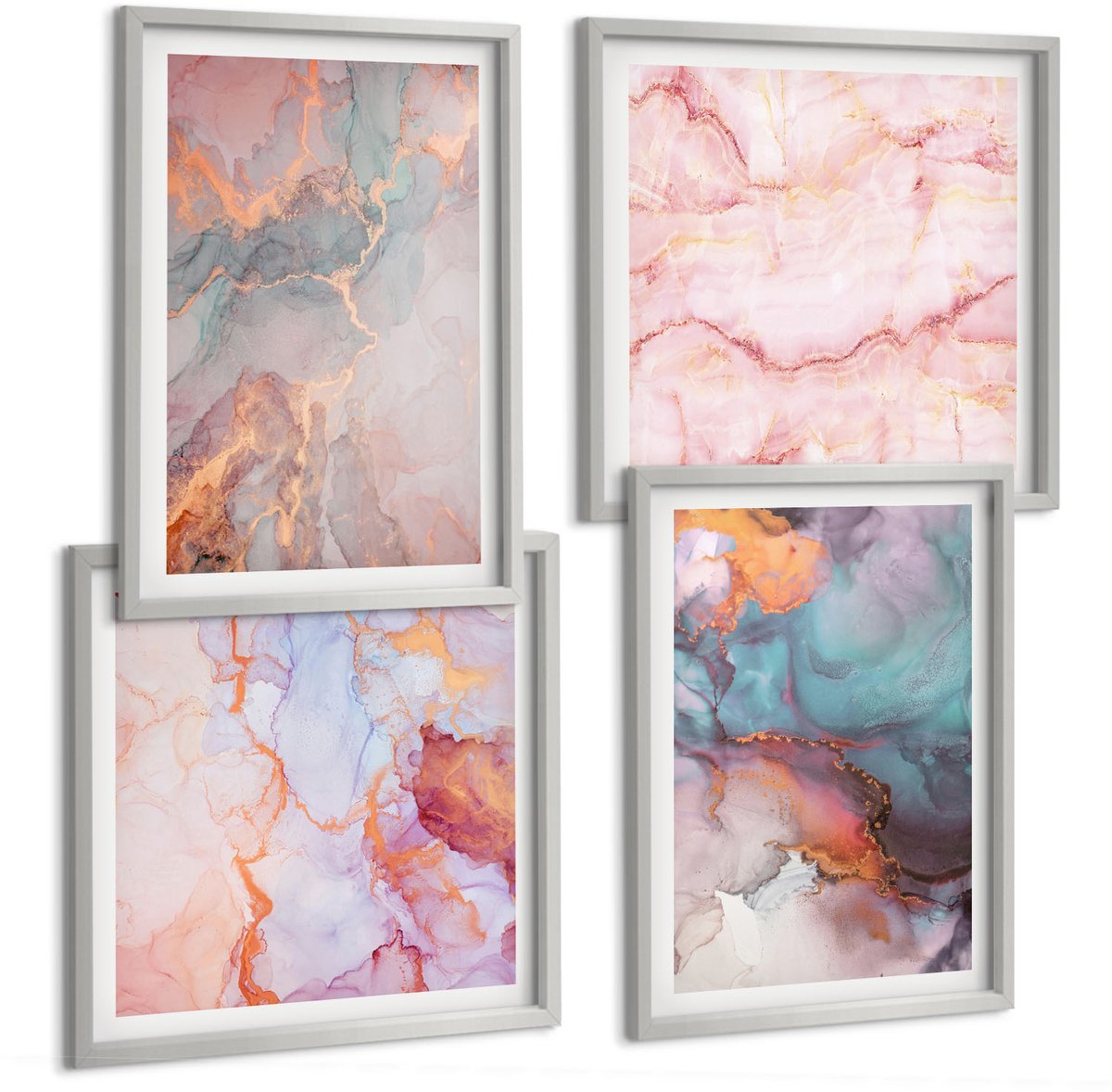 Coloray 4-Delige Schilderij Set - Abstracte Patronen In Pastelkleuren Met Accenten - 40 x 40 cm En 40 x 60 cm - Muurdecoratie - Decoratieve Schilderijen - Wohnzimmer - Stijlvolle Muurdecoratie