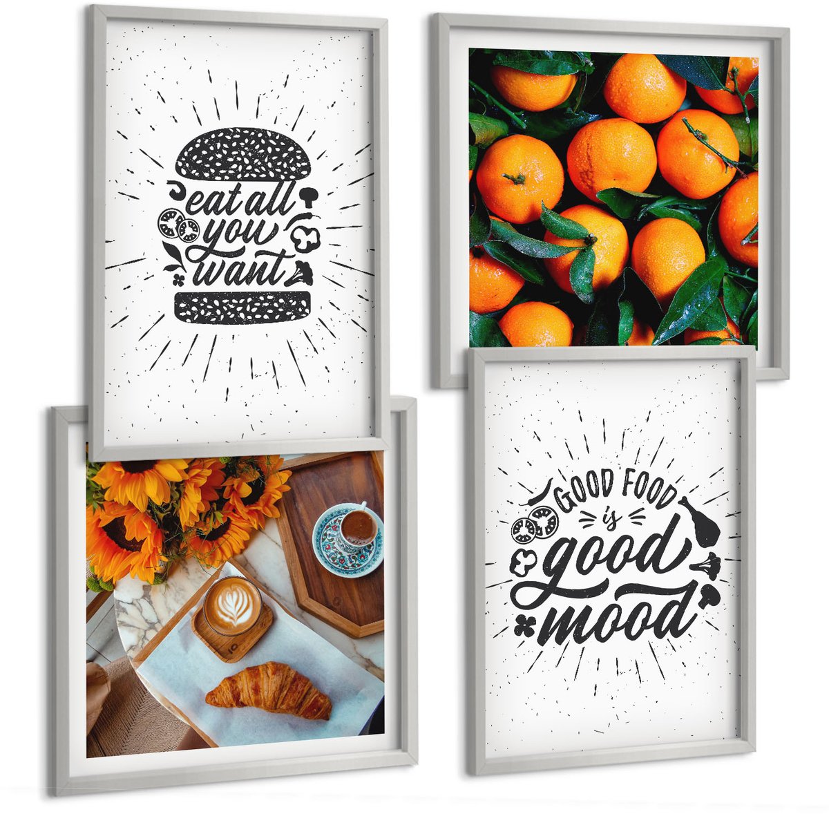 Coloray 4-Delige Schilderij Set - Keukenmotieven En Sappige Sinaasappels - 40 x 40 cm En 40 x 60 cm - Moderne Wanddecoratie - Slaapkamer - Interieur Decoratie