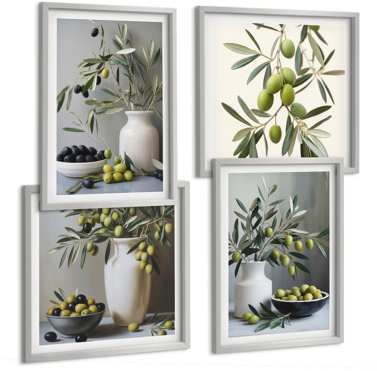 Coloray 4-Delige Schilderij Set - Olijven In Vazen ​​Met Takken Op Een Grijze Achtergrond - 40 x 40 cm En 40 x 60 cm - Decoratieve Schilderijen - Woonkamer - Interieur - Wanddecoratie