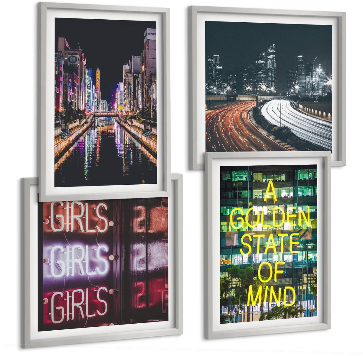 Coloray 4-Delige Schilderij Set - Neonreclames Van De Stad 'S Nachts Stadsgezichten - 40 x 40 cm En 40 x 60 cm - Wanddecoratie - Muurdecoratie - Moderne Interieurdecoratie - Decoratieve Schilderijen