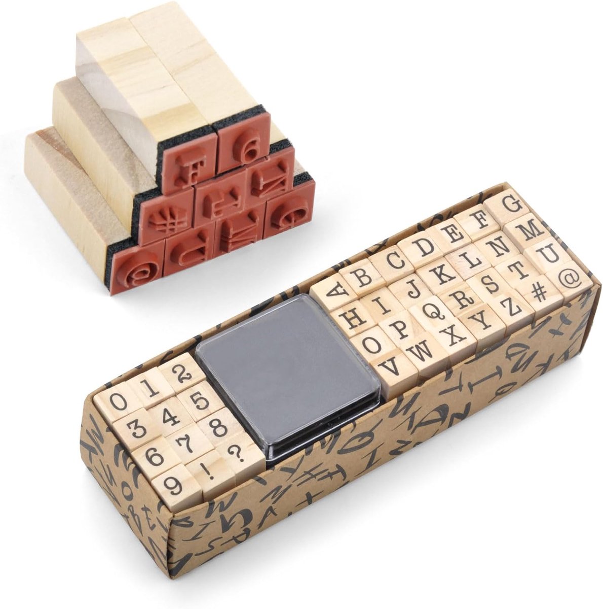 Allecto - Set van 40 alfabetstempels - Houten stempelset voor creatief handwerk - Geschikt voor kinderen - Letters en cijfers - Voor kaarten maken ...