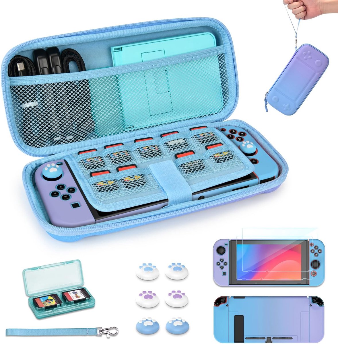 Switch Case voor Switch 2017, draagbare Switch draagtas, 14 in 1 accessoireset met Switch behuizing, screenprotector, duimgreep Cap, kaarthoes en riem (Blauw en paars, Button Pattern)