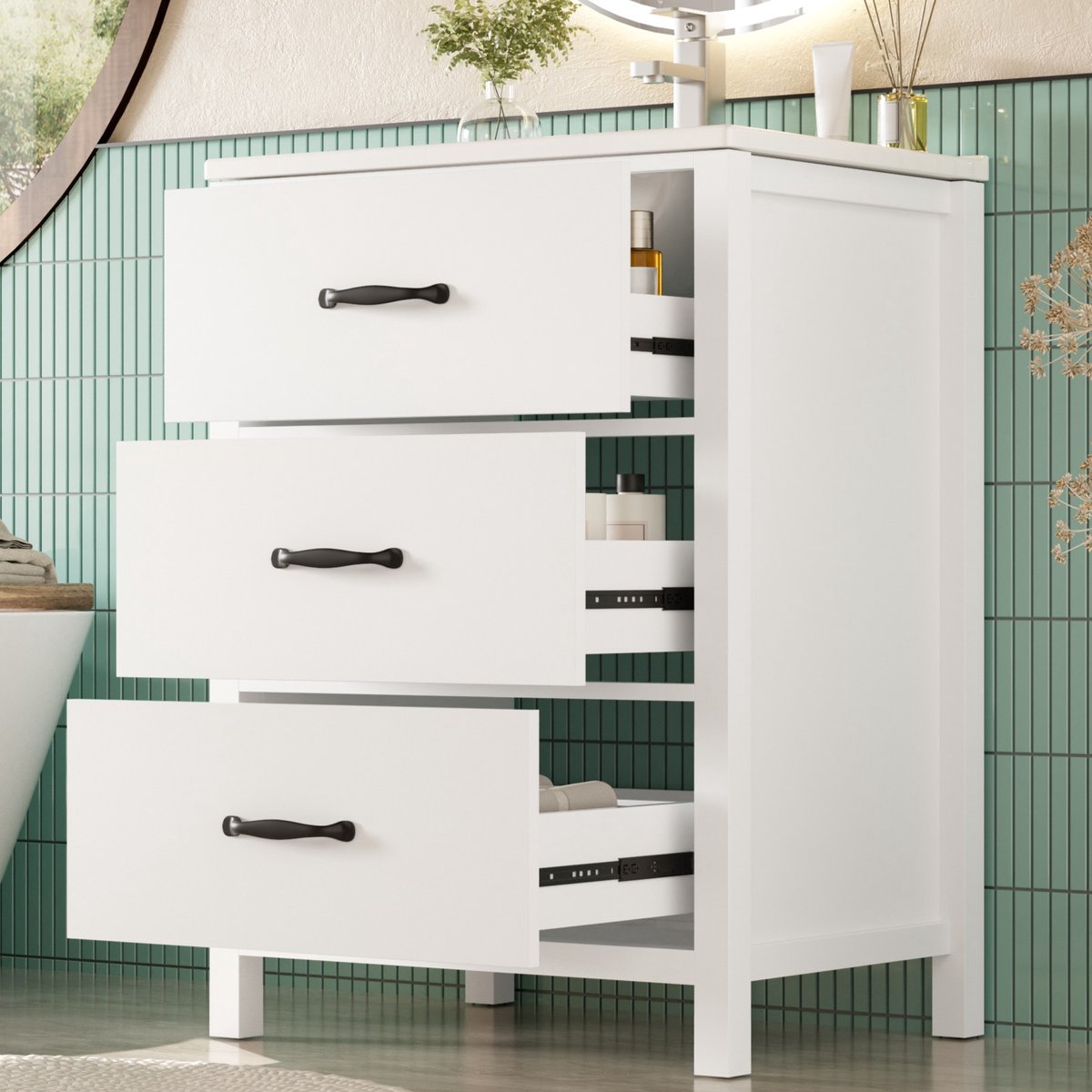 Vrijstaand Wastafelmeubel Wit - Badkamermeubel 61 cm - Wastafelkast Met Lades - Keramische Wastafel - 61x47x83cm - Opbergen - - Badkamer Wit