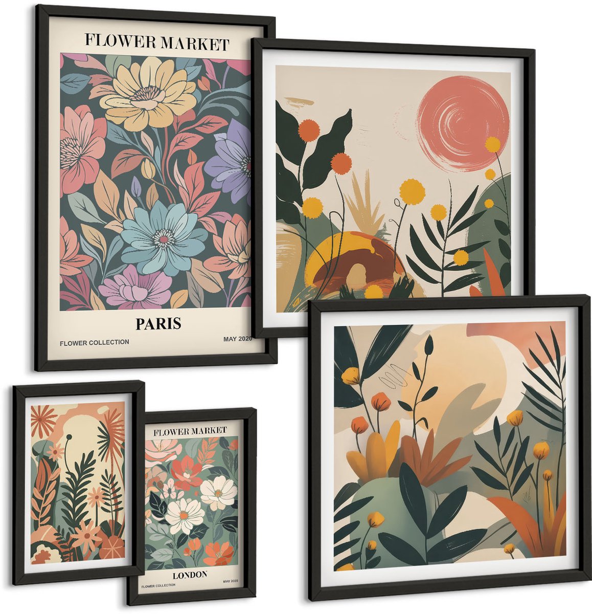 Coloray 5-Delige Schilderij Set - Bloemmotieven Van De Markten Van Parijs En Londen - 50 x 50 cm, 20 x 30 cm En 40 x 60 cm - Wanddecoratie - Muurdecoratie - Moderne Interieurdecoratie Zwarte lijst
