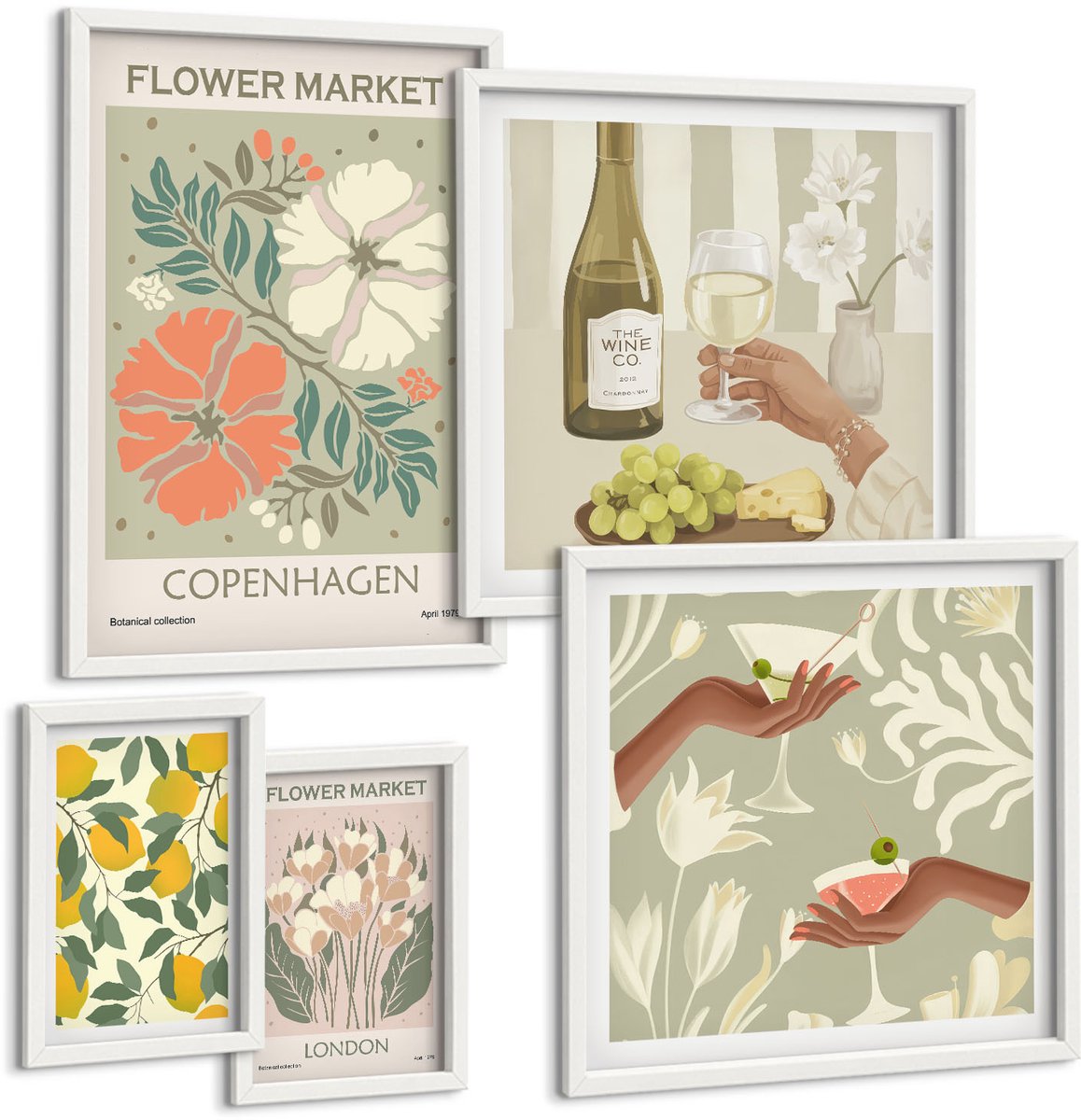 Coloray 5-Delige Schilderij Set - Vintage Bloemenmarkten En Fruitinspiratie - 50 x 50 cm, 20 x 30 cm En 40 x 60 cm - Stijlvolle Muurdecoratie - Kantoor