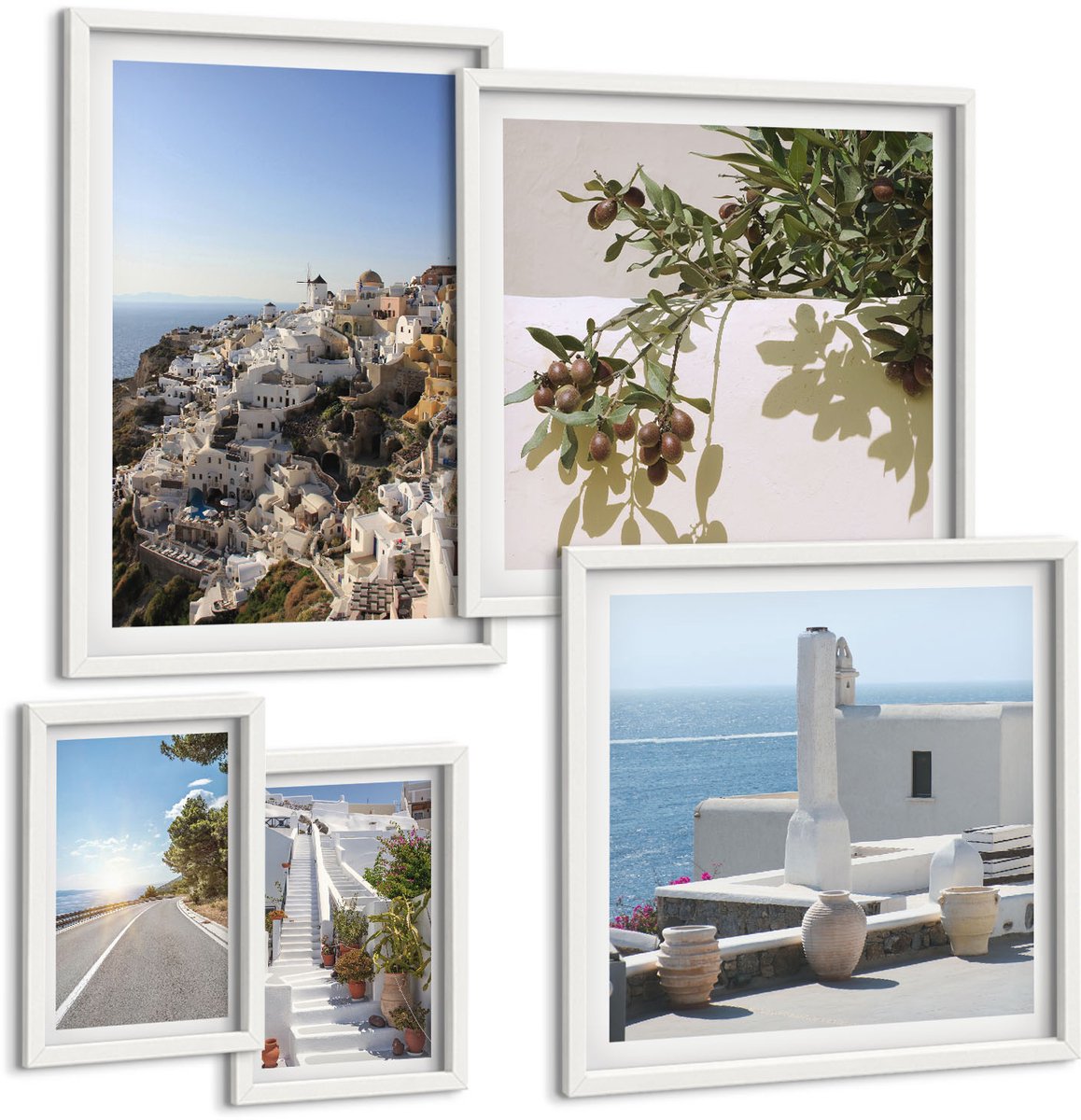 Coloray 5-Delige Schilderij Set - Uitzichten Op Santorini Met Pittoreske Straten En Landschappen - 50 x 50 cm, 20 x 30 cm En 40 x 60 cm - Wanddecoratie - Muurdecoratie - Woonkamer