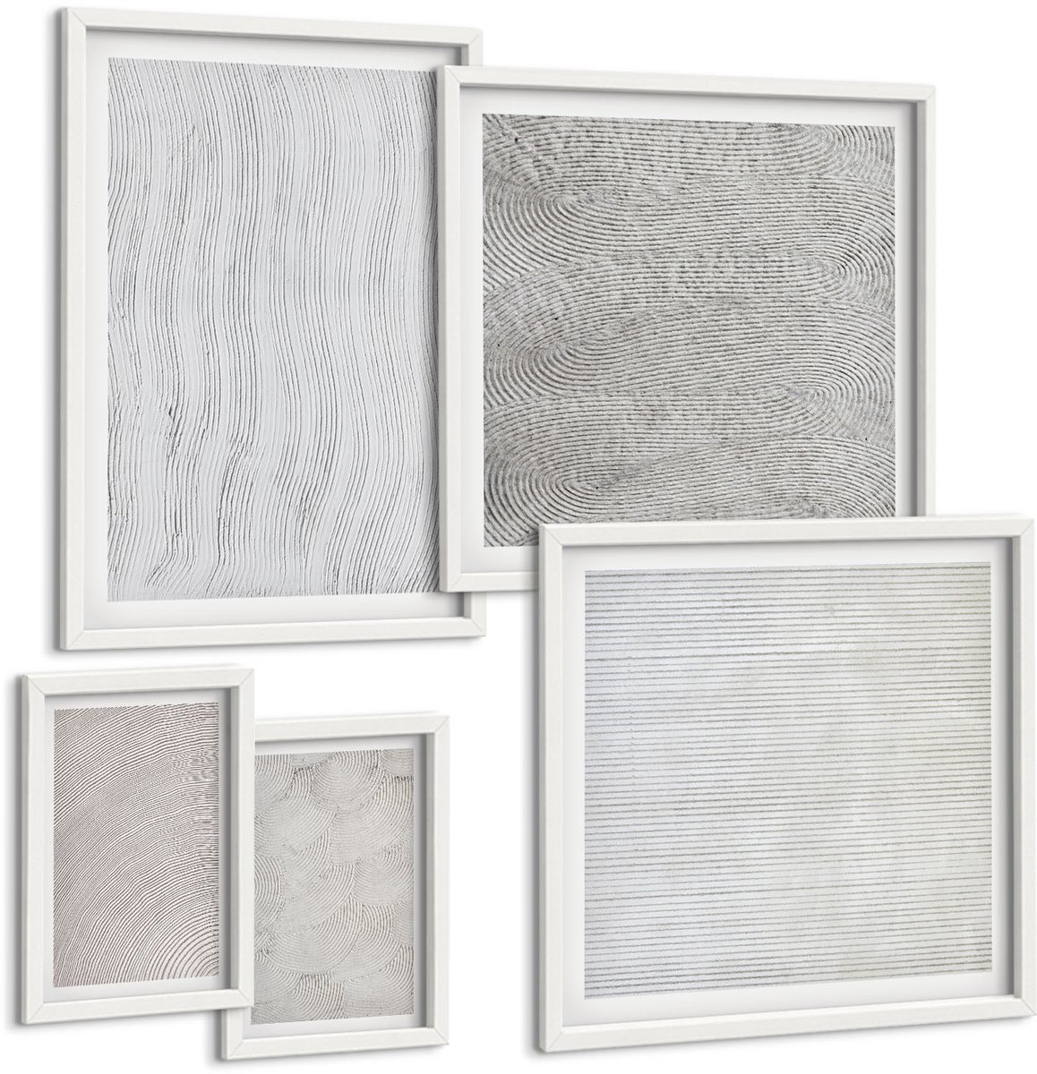 Coloray 5-Delige Schilderij Set - Patronen In Het Zand: Lineaire Geometrische Structuren - 50 x 50 cm, 20 x 30 cm En 40 x 60 cm - Wanddecoratie - Woonkamer Decoratie - Muurdecoratie