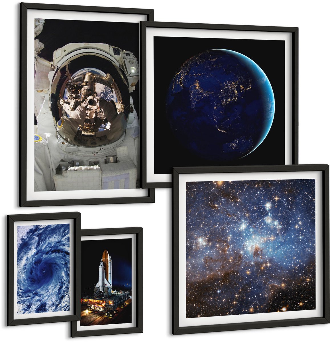 Coloray 5-Delige Schilderij Set - Ontdekkingen In De Ruimte: Beelden Van Het Universum En Astronauten - 50 x 50 cm, 20 x 30 cm En 40 x 60 cm - Decoratieve Muurdecoratie - Slaapkamer - Moderne Wanddecoratie Zwarte lijst
