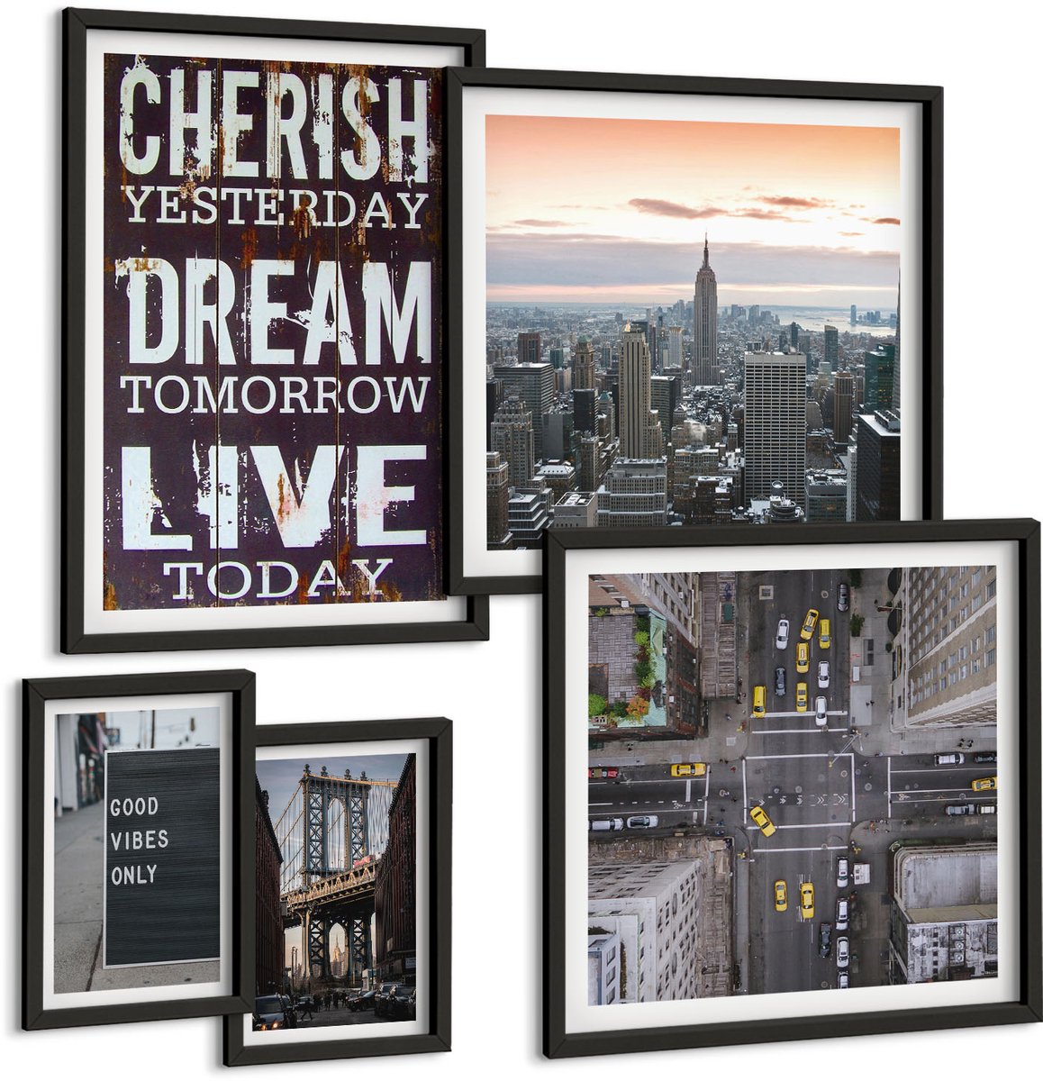 Coloray 5-Delige Schilderij Set - Inspirerende Slogans En Beelden Van Stedelijke Landschappen - 50 x 50 cm, 20 x 30 cm En 40 x 60 cm - Stijlvolle Muurdecoratie - Kantoor Zwarte lijst