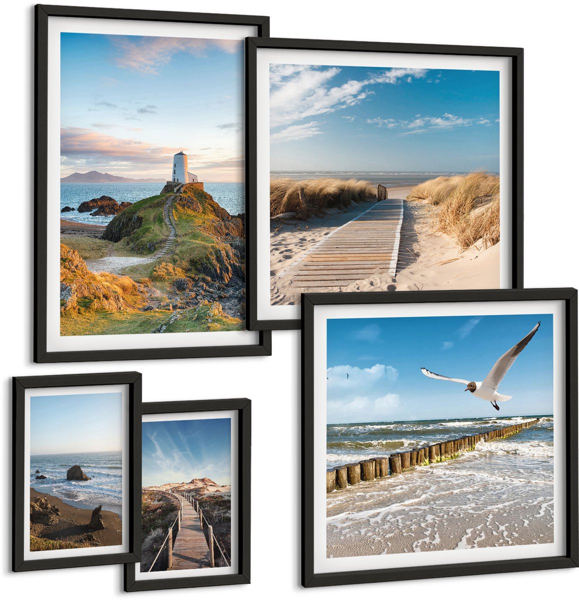 Coloray 5-Delige Schilderij Set - Uitzicht Op Zee Met Vuurtorens En Stranden Op De Achtergrond. - 50 x 50 cm, 20 x 30 cm En 40 x 60 cm - Decoratieve Schilderijen - Woonkamer - Interieur - Moderne Wanddecoratie Zwarte lijst