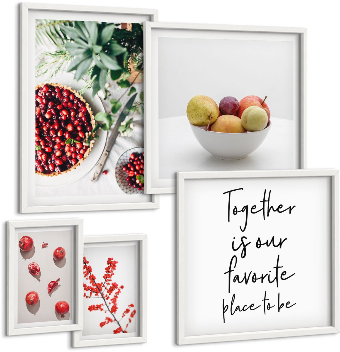 Coloray 5-Delige Schilderij Set - Fruitcomposities Met Plantmotieven En Tekst - 50 x 50 cm, 20 x 30 cm En 40 x 60 cm - Muurdecoratie - Wanddecoratie - Slaapkamer