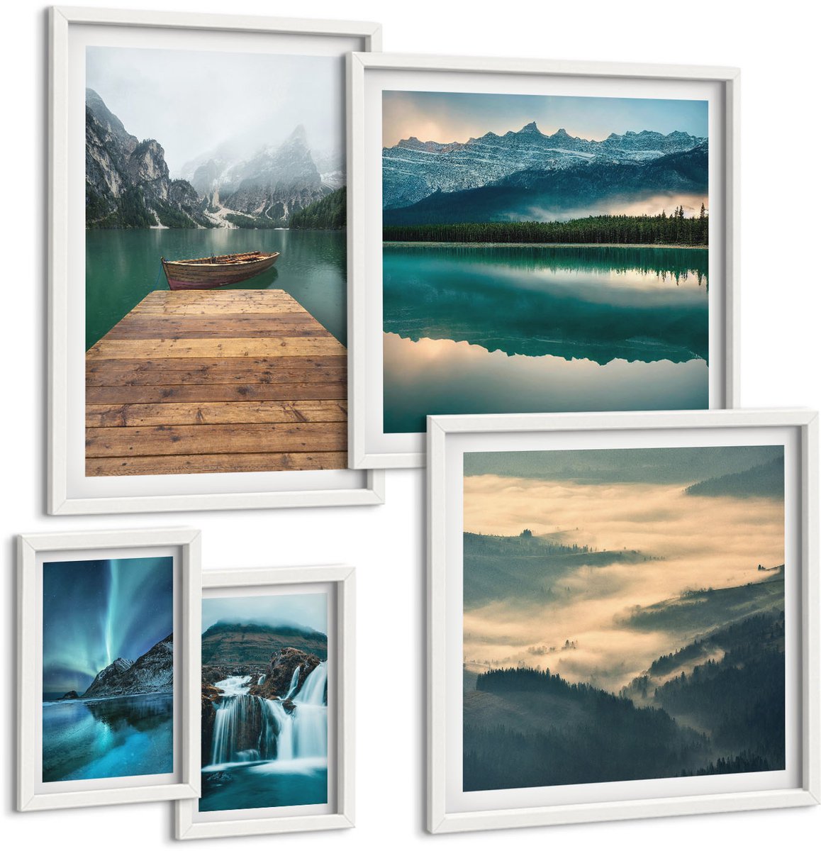 Coloray 5-Delige Schilderij Set - Natuurlijke Landschappen Met Watervallen En Bergen Op De Achtergrond. - 50 x 50 cm, 20 x 30 cm En 40 x 60 cm - Wanddecoratie - Muurdecoratie - Moderne Interieurdecoratie - Stijlvolle Muurdecoratie