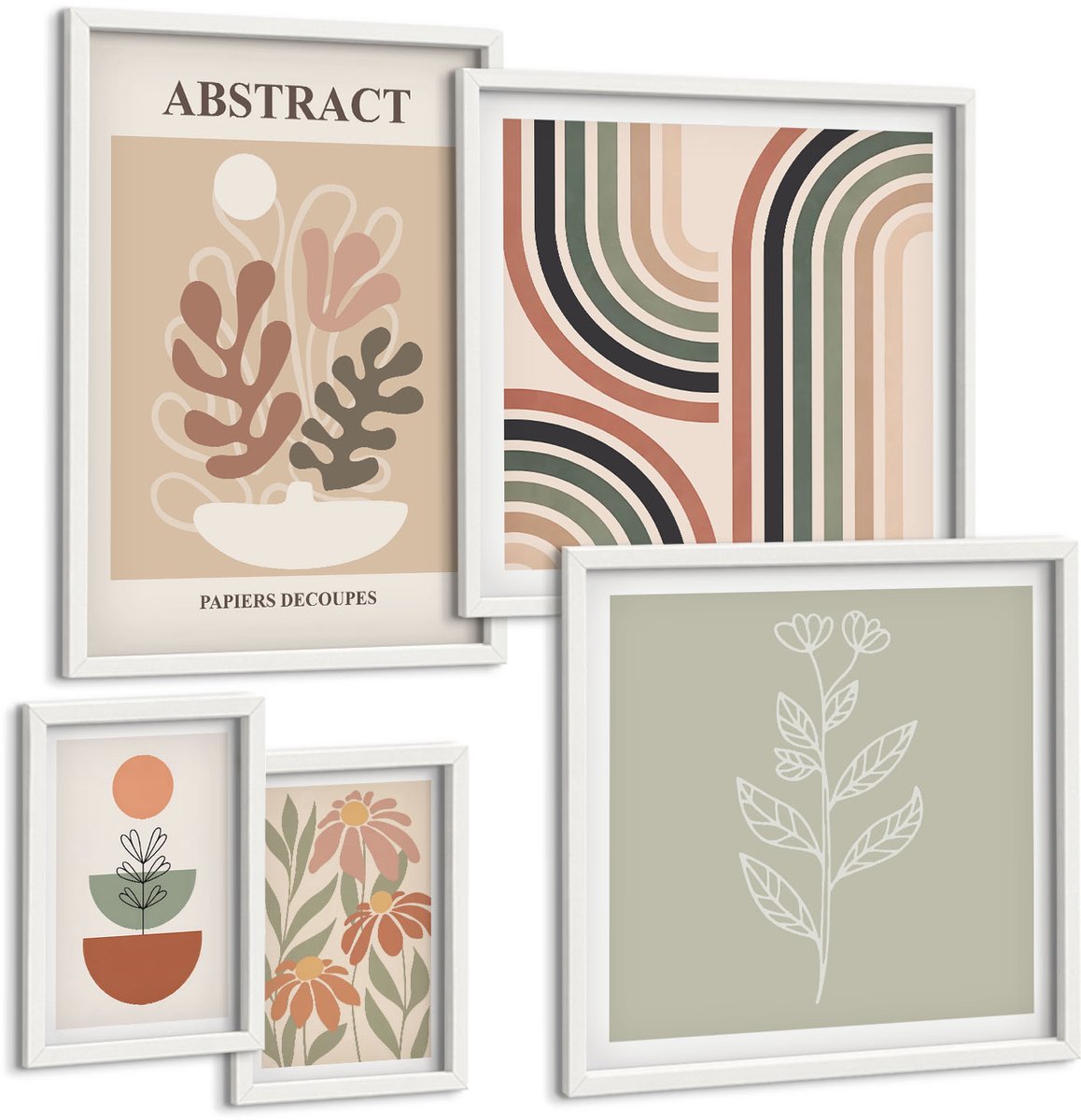 Coloray 5-Delige Schilderij Set - Stijlvolle Abstracte Planten En Geometrische Patronen - 50 x 50 cm, 20 x 30 cm En 40 x 60 cm - Decoratieve Schilderijen - Wanddecoratie - Hal