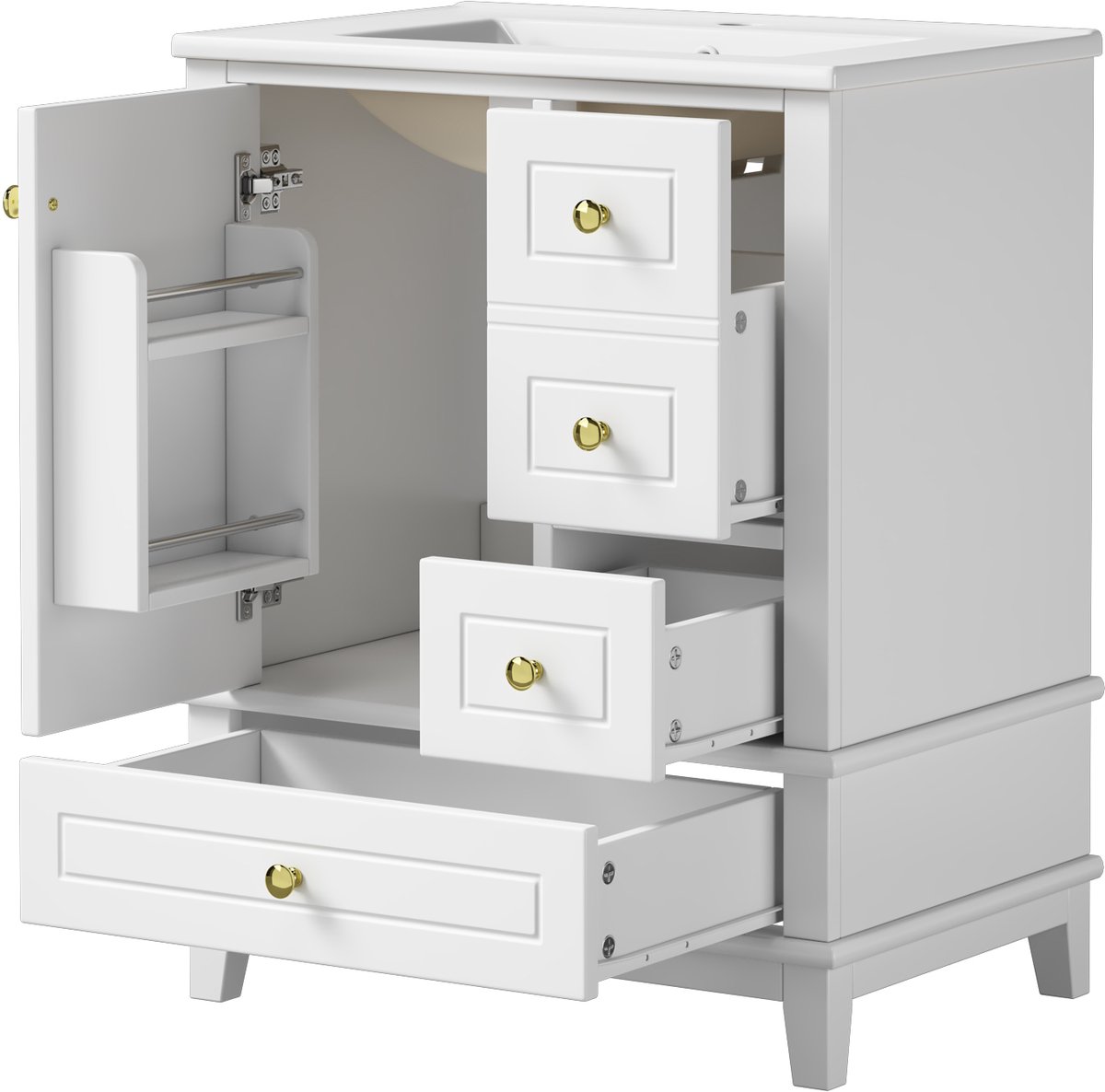 Vrijstaand badkamermeubel 61cm - Hoogglans wit wastafelmeubel - Wastafelkast - Badkamermeubel - 61x47x86cm - Opbergruimte - Badkamer Wit