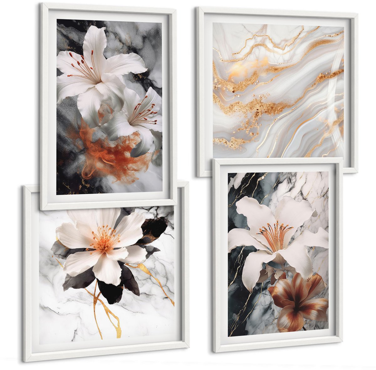 Coloray 4-Delige Schilderij Set - Bloemen Op Een Marmeren Achtergrond In Wit- En Zwarttinten. - 40 x 40 En 40 x 60 - Moderne Wanddecoratie - Woonkamer - Woonkamer Decoratie