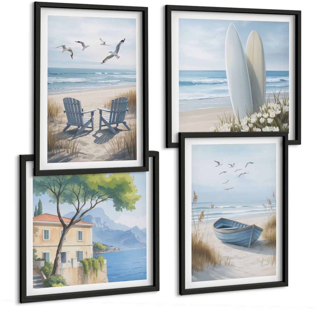 Coloray 4-Delige Schilderij Set - Strand Met Surfplanken, Boten En Vogels - 40 x 40 cm En 40 x 60 cm - Wanddecoratie - Schilderijen Set - Kantoor - Decoratieve Schilderijen Zwarte lijst