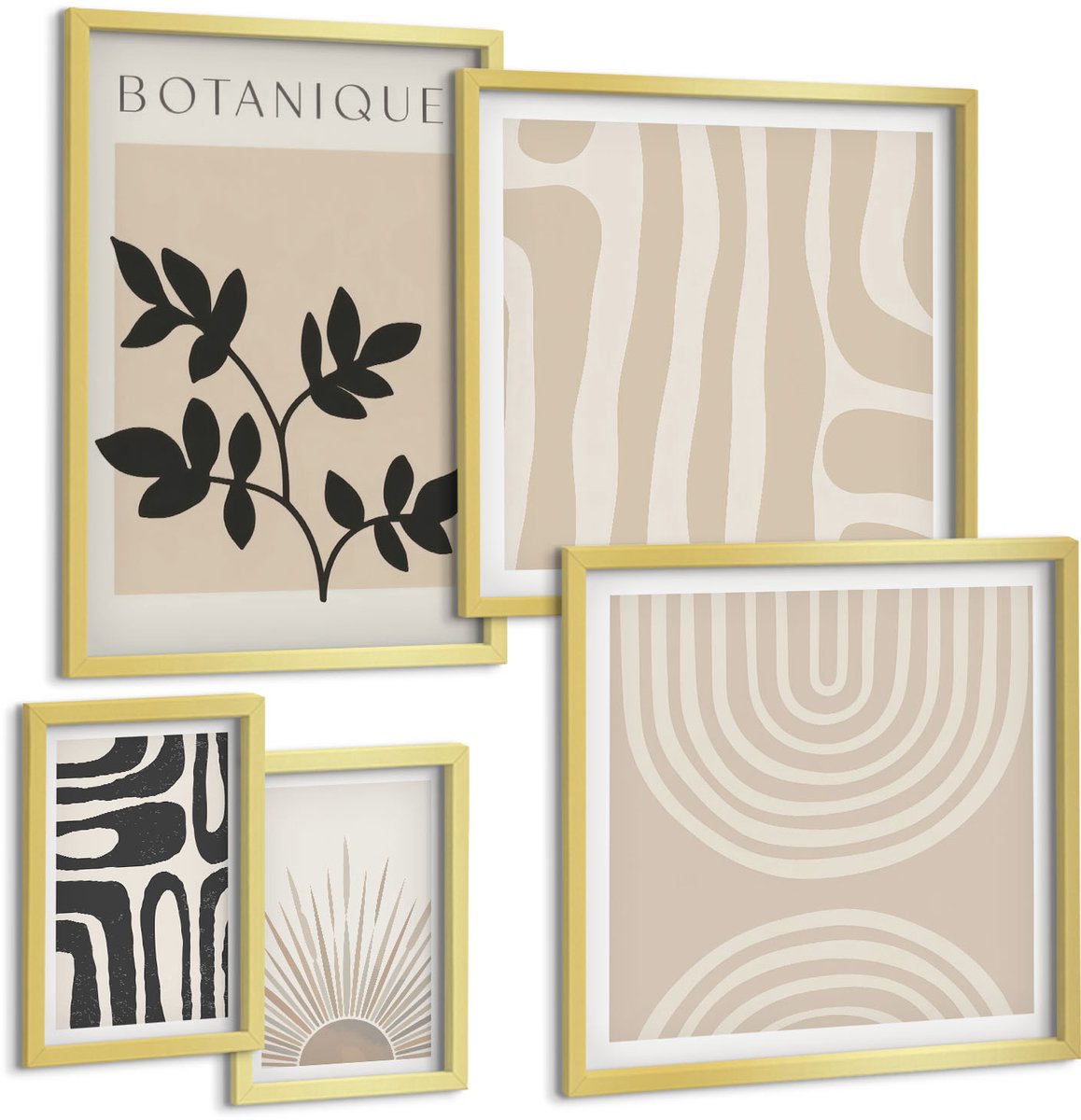 Coloray 5-Delige Schilderij Set - Stijlvolle Plantmotieven In Neutrale Tinten - 50 x 50 cm, 20 x 30 cm En 40 x 60 cm - Moderne Wanddecoratie - Woonkamer - Interieur Decoratie