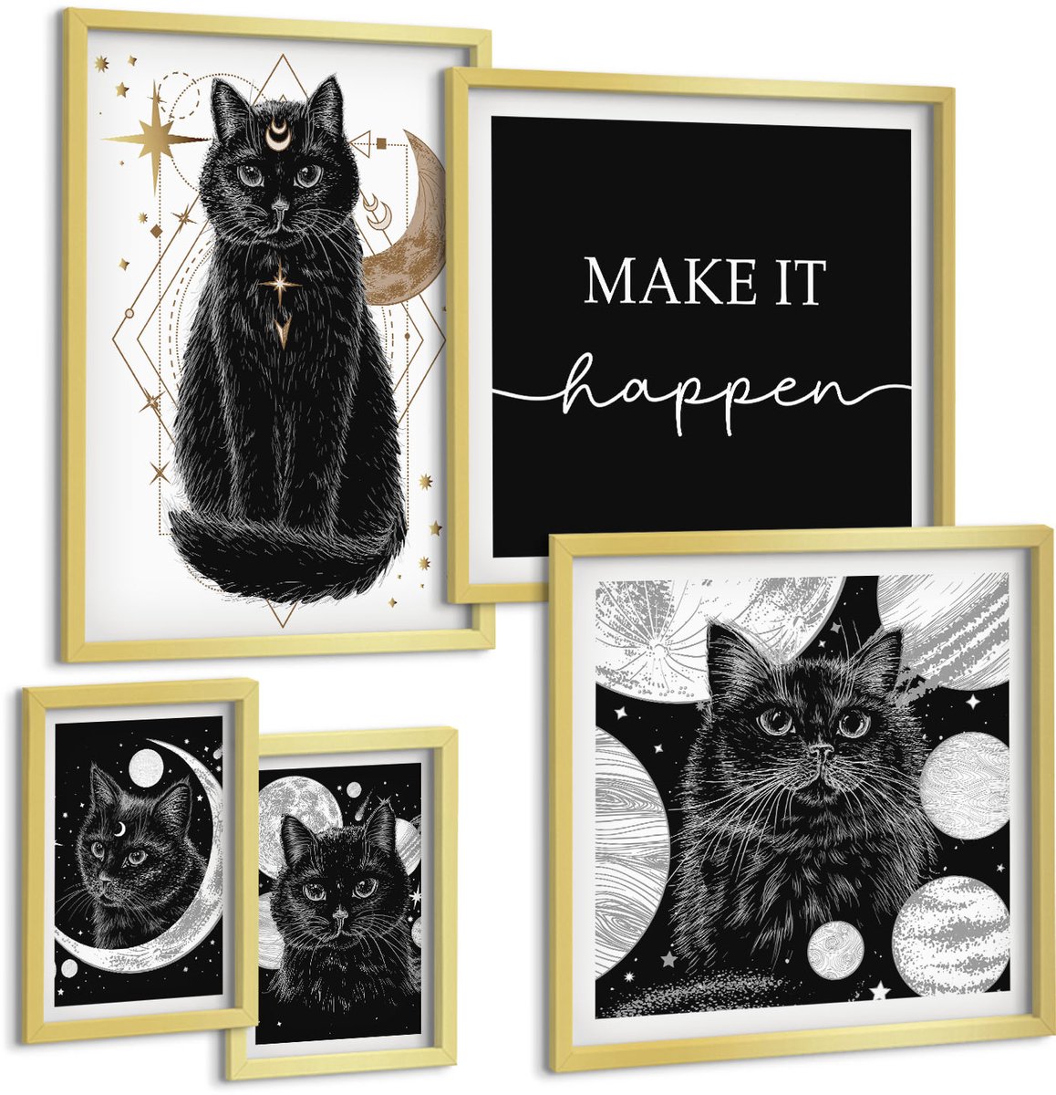 Coloray 5-Delige Schilderij Set - Zwarte Katten In Boho-Stijl Met Ruimtemotieven - 50 x 50 cm, 20 x 30 cm En 40 x 60 cm - Stijlvolle Wanddecoratie - Interieur - Woonkamer Decoratie