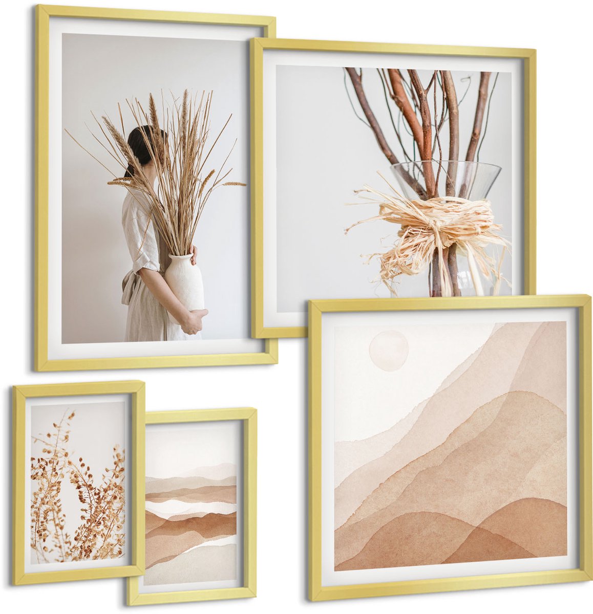 Coloray 5-Delige Schilderij Set - Stijlvolle Boho-Accenten Met Planten En Abstracte Landschappen - 50 x 50 cm, 20 x 30 cm En 40 x 60 cm - Muurdecoratie - Wanddecoratie - Slaapkamer