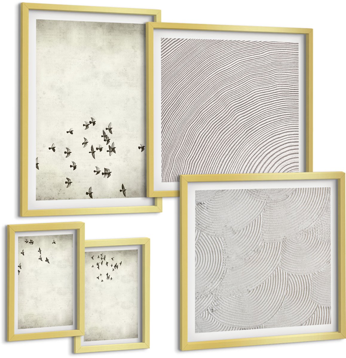 Coloray 5-Delige Schilderij Set - Minimalistisch Schilderij Van Vliegende Vogels - 50 x 50 cm, 20 x 30 cm En 40 x 60 cm - Muurdecoratie - Schilderijen Set - Woonkamer - Decoratieve Schilderijen
