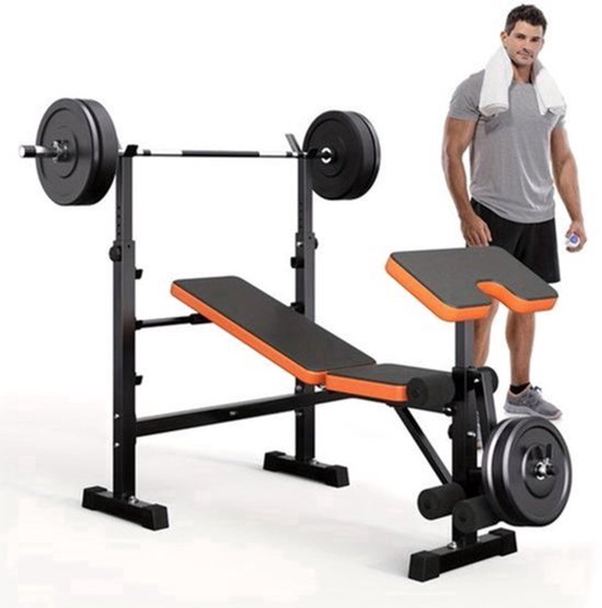 Halterschijfbank – Halterbank – Trainingsbank – Fitnessbank – Gewichthefbank – Verstelbaar en Inklapbaar – 370 kg Belastbaar – 6-in-1 Multifunctioneel Trainingsstation