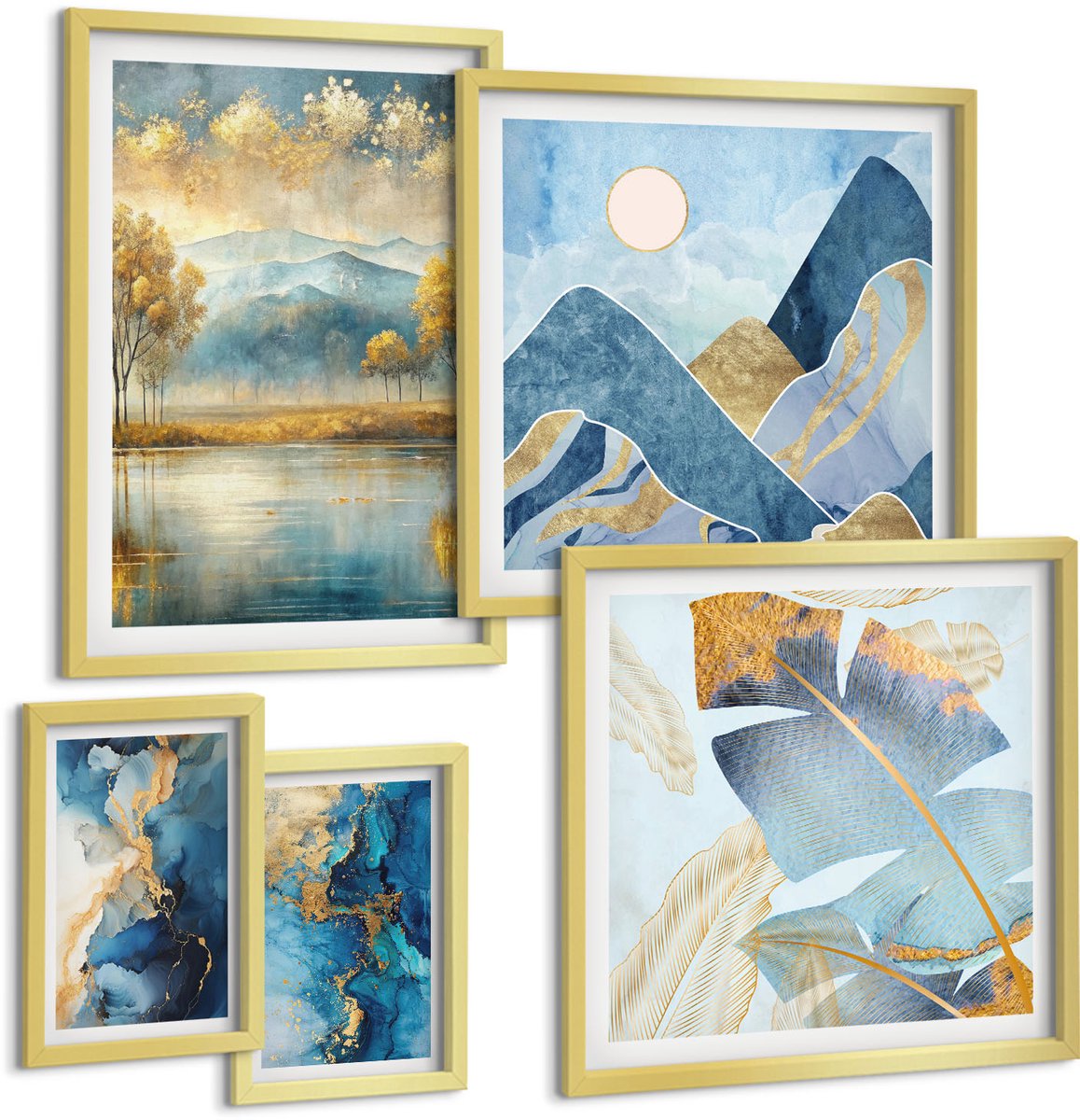 Coloray 5-Delige Schilderij Set - Stijlvolle Berglandschappen Met Plantenaccenten - 50 x 50 cm, 20 x 30 cm En 40 x 60 cm - Stijlvolle Wanddecoratie - Interieur - Stijlvolle Muurdecoratie