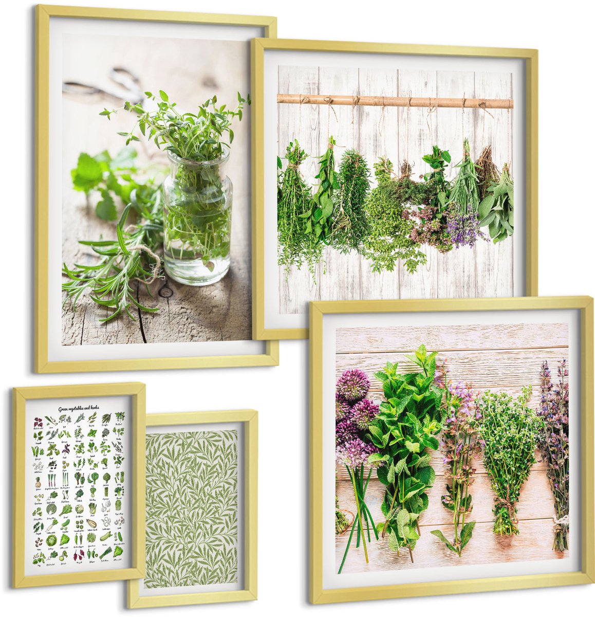 Coloray 5-Delige Schilderij Set - Kruideninspiratie In Een Natuurlijke Decoratieve Stijl - 50 x 50 cm, 20 x 30 cm En 40 x 60 cm - Schilderijen Set - Wanddecoratie - Woonkamer - Stijlvolle Muurdecoratie