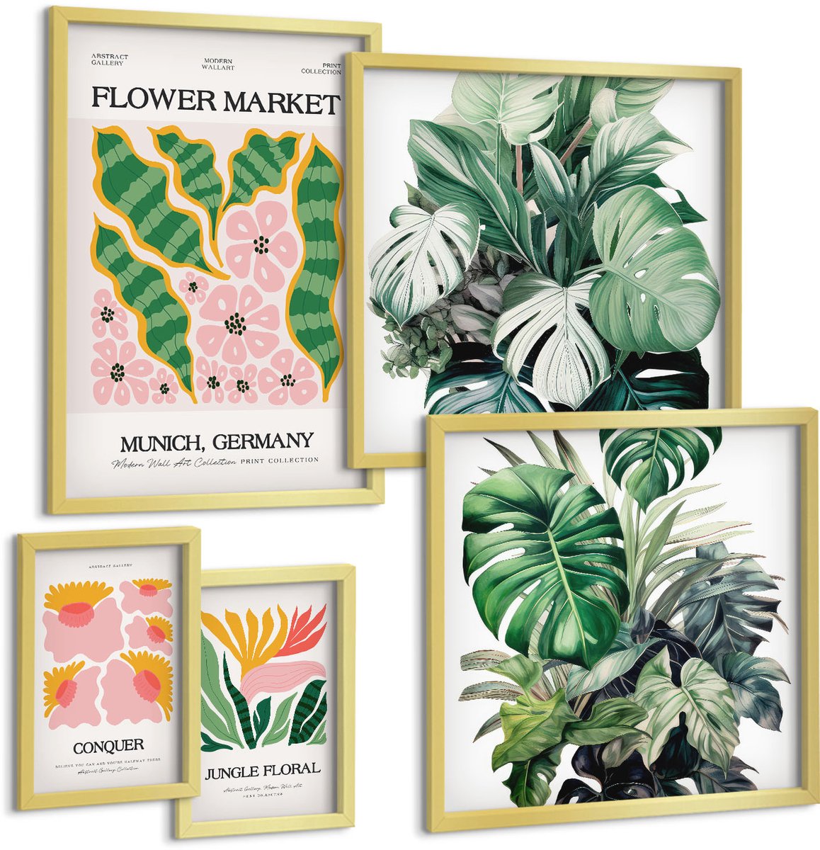 Coloray 5-Delige Schilderij Set - Plantenmotieven En Bloemenaccenten In De Boho-Stijl. - 50 x 50 cm, 20 x 30 cm En 40 x 60 cm - Muurdecoratie - Decoratieve Schilderijen - Wohnzimmer