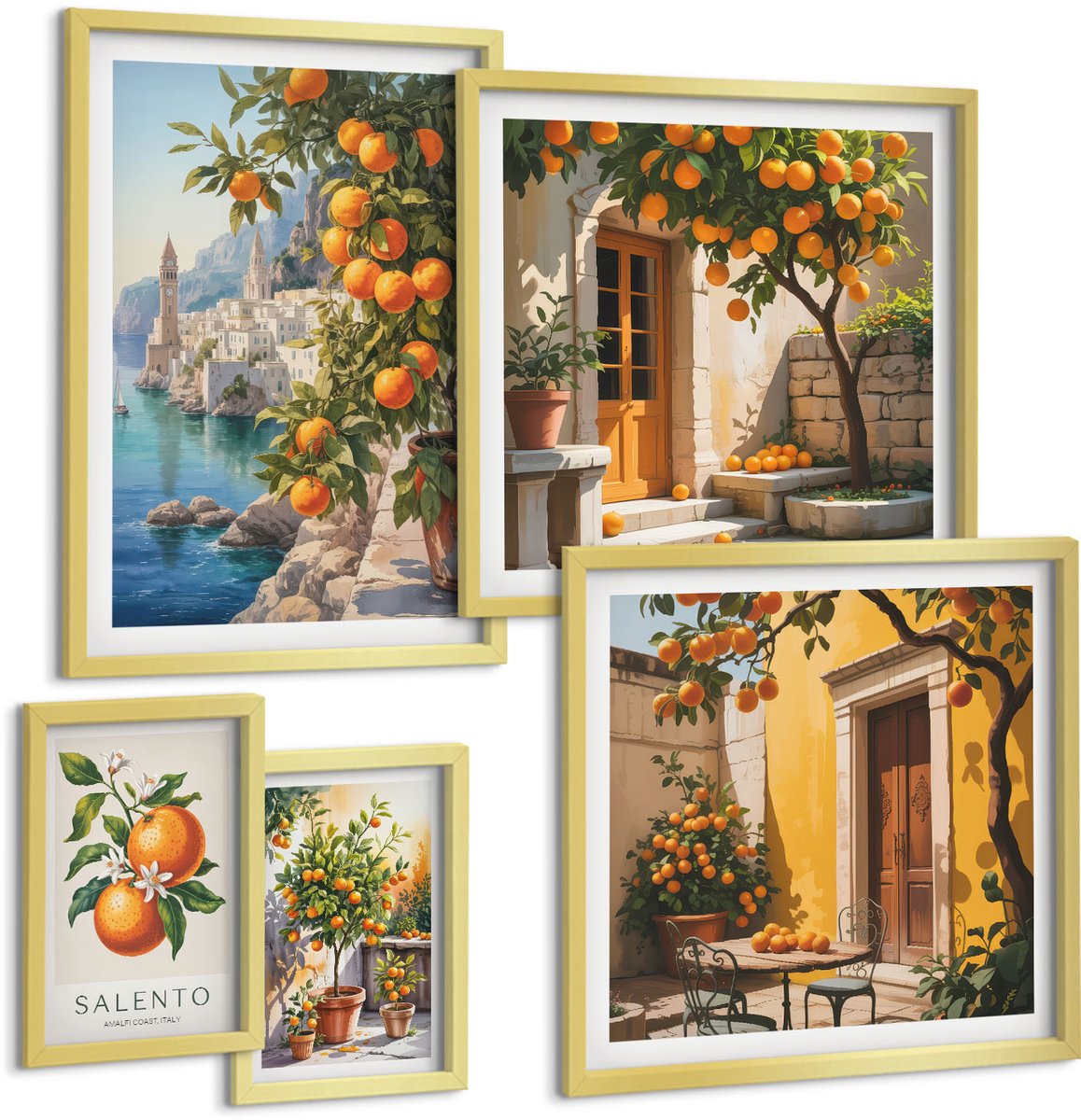Coloray 5-Delige Schilderij Set - Sfeervolle Uitzichten Met Fruitaccenten Op De Muur - 50 x 50 cm, 20 x 30 cm En 40 x 60 cm - Stijlvolle Muurdecoratie - Slaapkamer - Wanddecoratie
