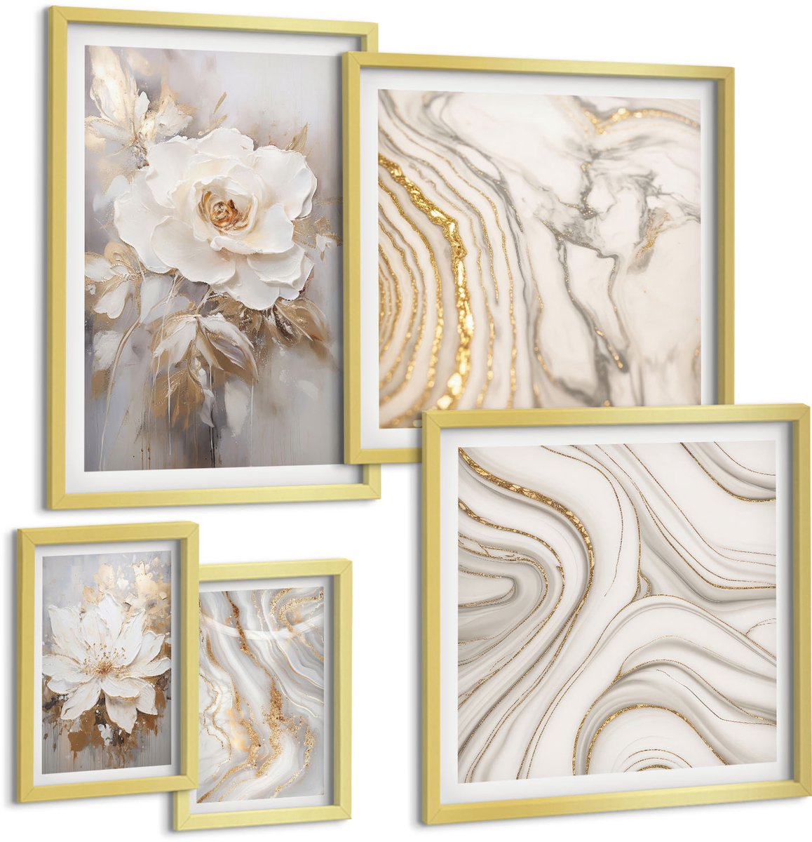 Coloray 5-Delige Schilderij Set - Bloemmotieven En Abstracte Patronen In Een Elegante Stijl. - 50 x 50 cm, 20 x 30 cm En 40 x 60 cm - Wanddecoratie - Schilderijen Set - Kantoor - Decoratieve Schilderijen