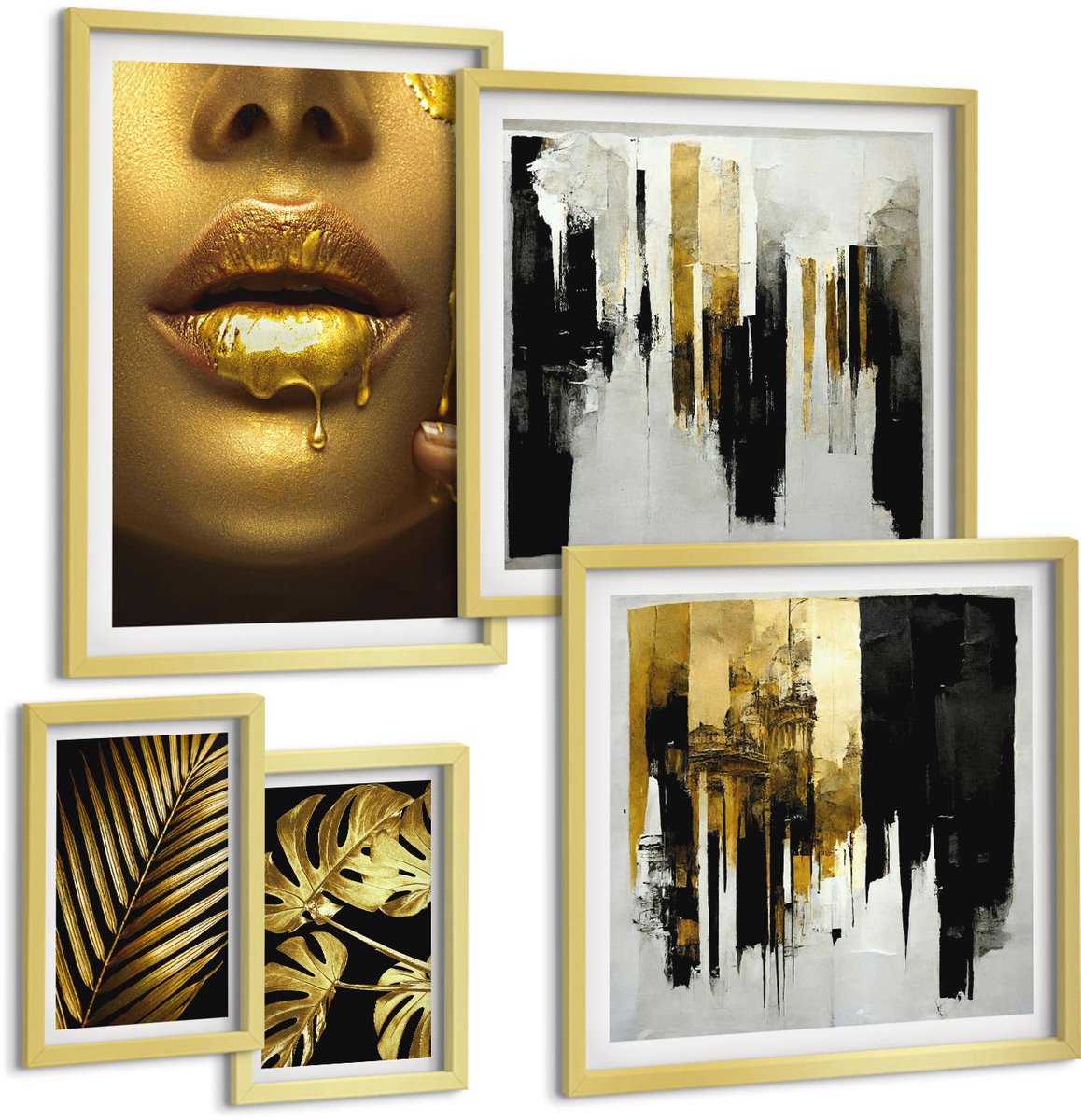 Coloray 5-Delige Schilderij Set - Glamourstijl Met Plantmotieven En Menselijke Gezichten - 50 x 50 cm, 20 x 30 cm En 40 x 60 cm - Muurdecoratie - Wanddecoratie - Hal - Stijlvolle Muurdecoratie