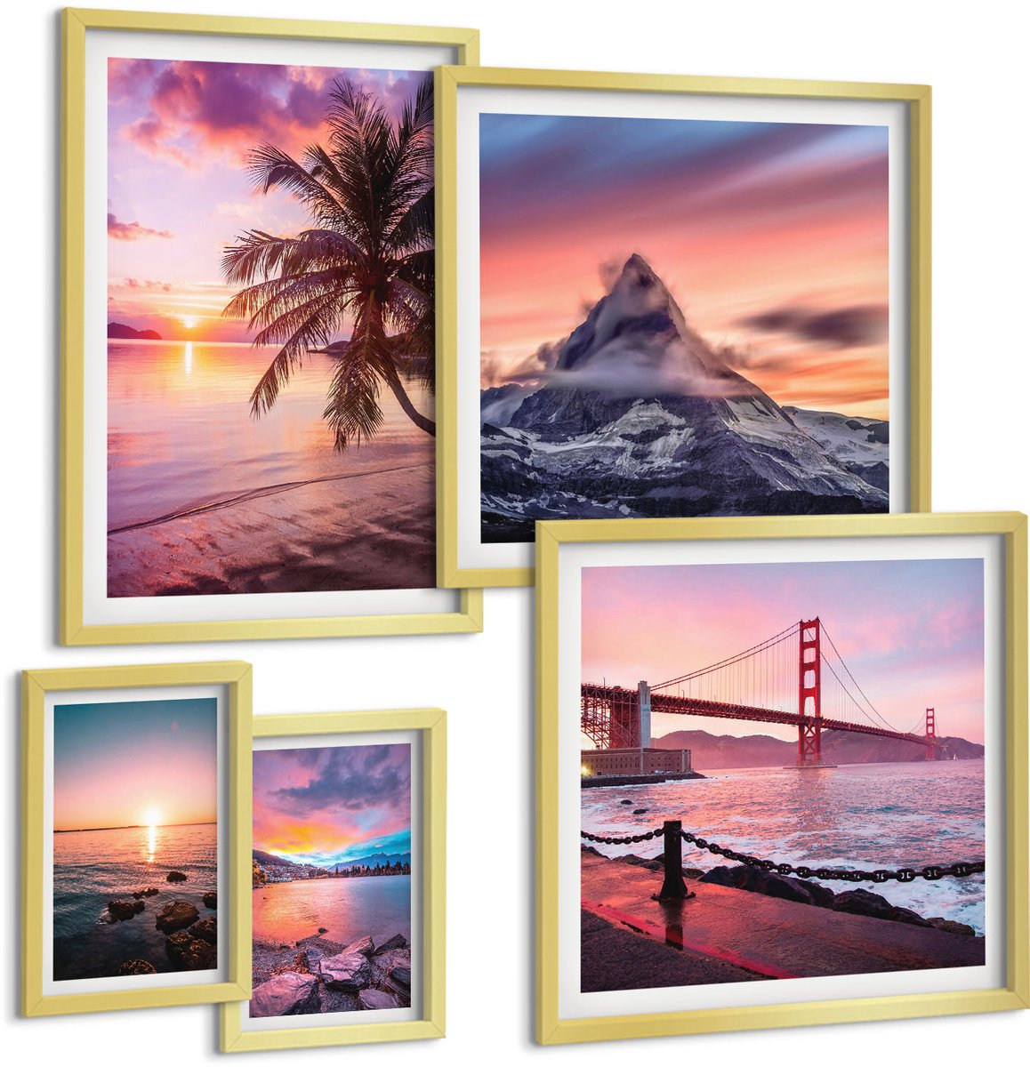 Coloray 5-Delige Schilderij Set - Kustlandschappen Met Palmbomen En Uitzicht Op De Bergen - 50 x 50 cm, 20 x 30 cm En 40 x 60 cm - Wanddecoratie - Schilderijen Set - Kantoor - Moderne Wanddecoratie