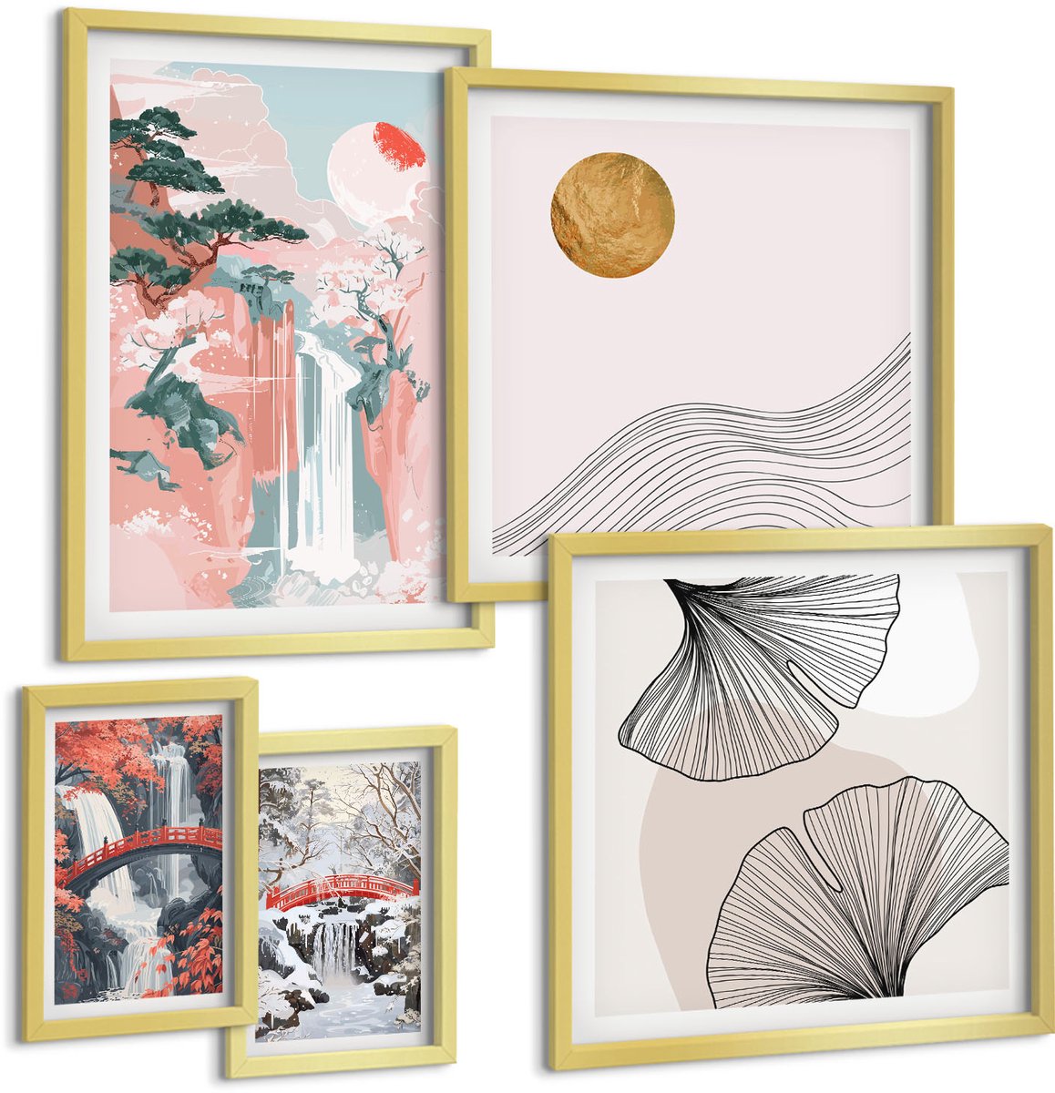 Coloray 5-Delige Schilderij Set - Natuurlijke Landschappen Met Watervallen En Vegetatie In Japanse Stijl - 50 x 50 cm, 20 x 30 cm En 40 x 60 cm - Moderne Wanddecoratie - Slaapkamer - Decoratieve Schilderijen