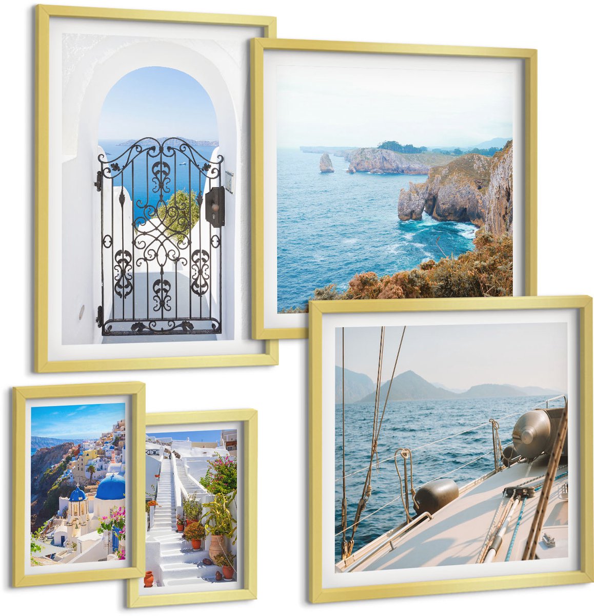 Coloray 5-Delige Schilderij Set - Landschappen Van Griekenland: Uitzicht Op Zee En Architectuur - 50 x 50 cm, 20 x 30 cm En 40 x 60 cm - Schilderijen Set - Wanddecoratie - Woonkamer - Stijlvolle Muurdecoratie