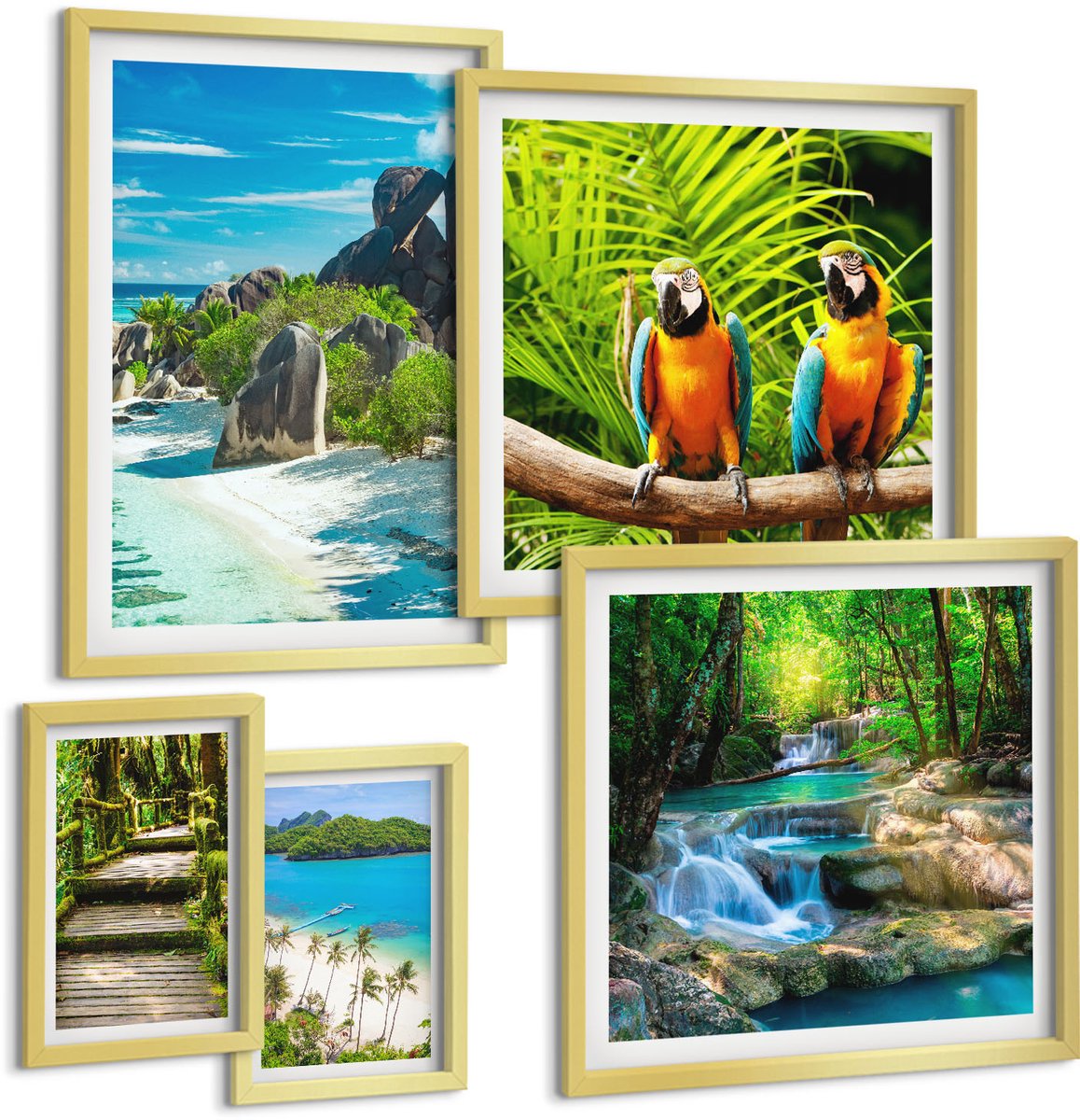Coloray 5-Delige Schilderij Set - Tropische Landschappen Met Exotische Vogels En Watervallen - 50 x 50 cm, 20 x 30 cm En 40 x 60 cm - Wanddecoratie - Schilderijen Set - Interieur - Woonkamer Decoratie