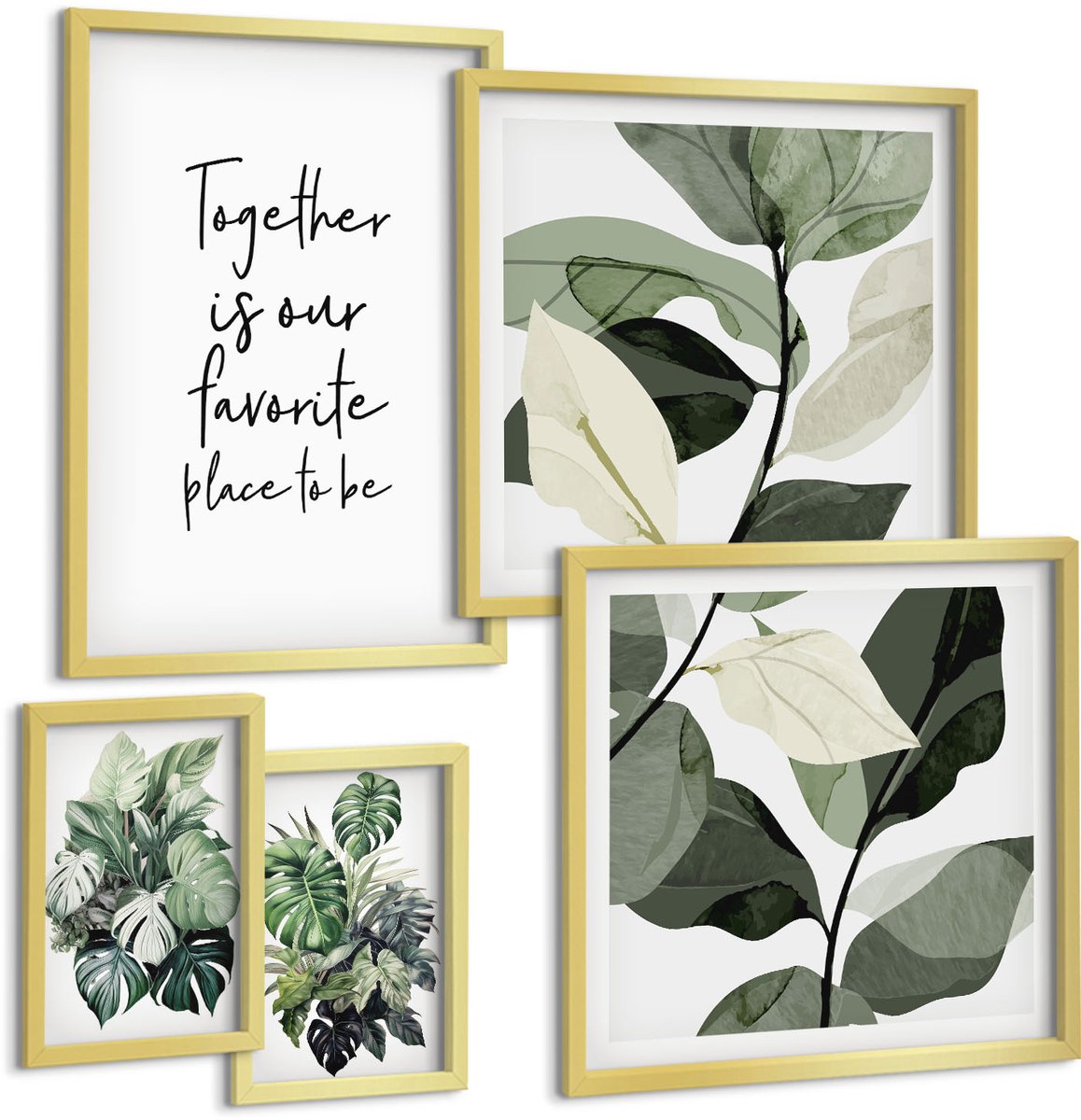 Coloray 5-Delige Schilderij Set - Planteninspiratie In Een Moderne En Minimalistische Stijl - 50 x 50 cm, 20 x 30 cm En 40 x 60 cm - Muurdecoratie - Schilderijen Set - Woonkamer - Decoratieve Schilderijen