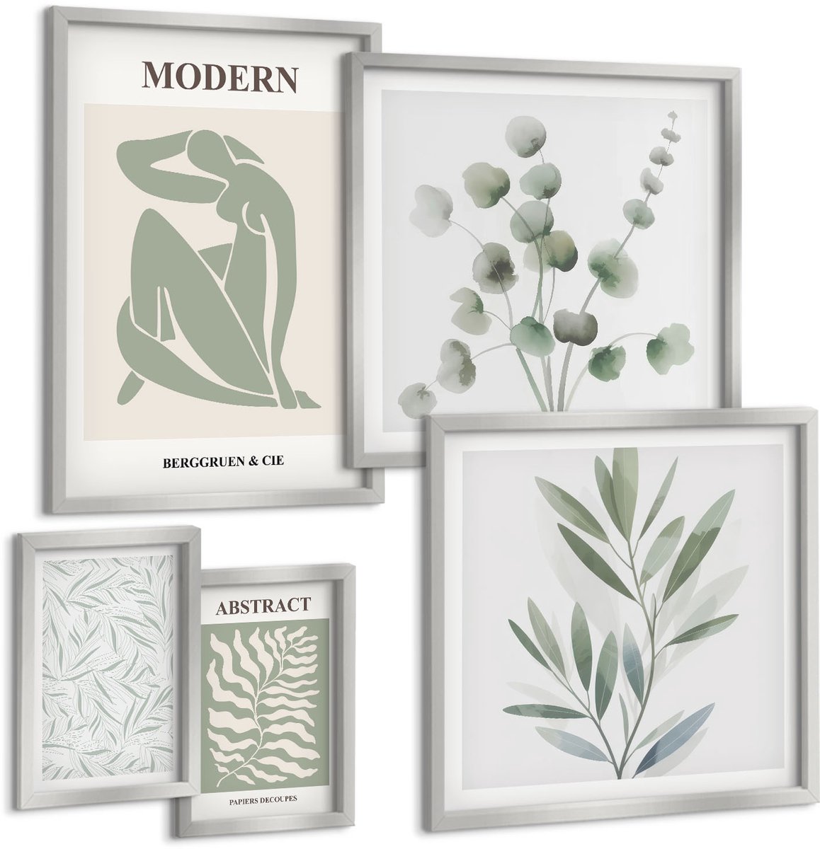 Coloray 5-Delige Schilderij Set - Geschilderde Illustraties Van Bladeren In Verschillende Tinten Groen. - 20 x 30 cm - Decoratieve Schilderijen - Wanddecoratie - Hal - Woonkamer Decoratie