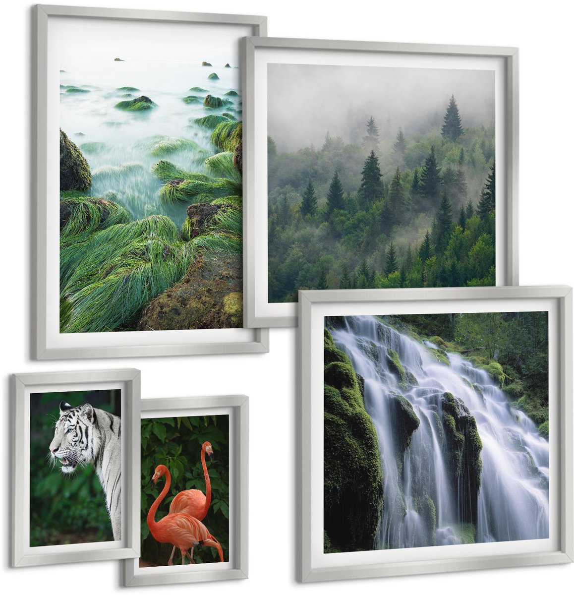 Coloray 5-Delige Schilderij Set - Tijgerwaterval En Roze Flamingo'S In De Natuur - 20 x 30 cm - Decoratieve Muurdecoratie - Slaapkamer - Moderne Wanddecoratie