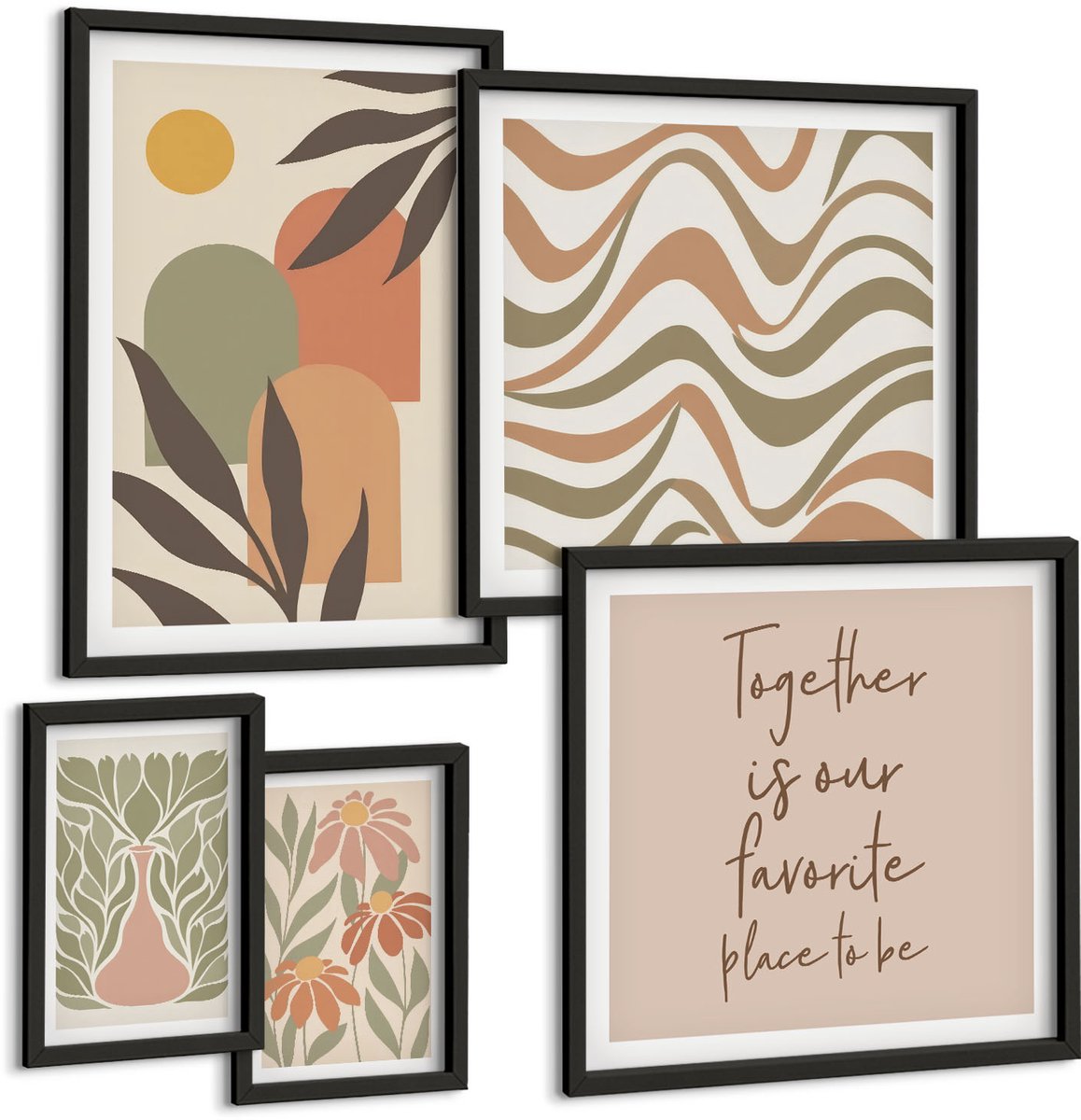 Coloray 5-Delige Schilderij Set - Stijlvolle Decoraties In Pastelkleuren Met Plantmotieven. - 50 x 50 cm, 20 x 30 cm En 40 x 60 cm - Wanddecoratie - Woonkamer Decoratie