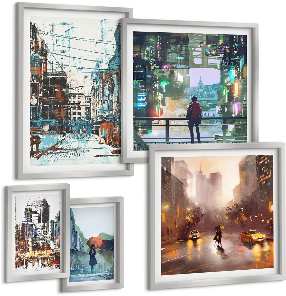 Coloray 5-Delige Schilderij Set - Moderne Steden In Kleur Met Een Figuur Op De Achtergrond - 20 x 30 cm - Wanddecoratie - Muurdecoratie - Moderne Interieurdecoratie