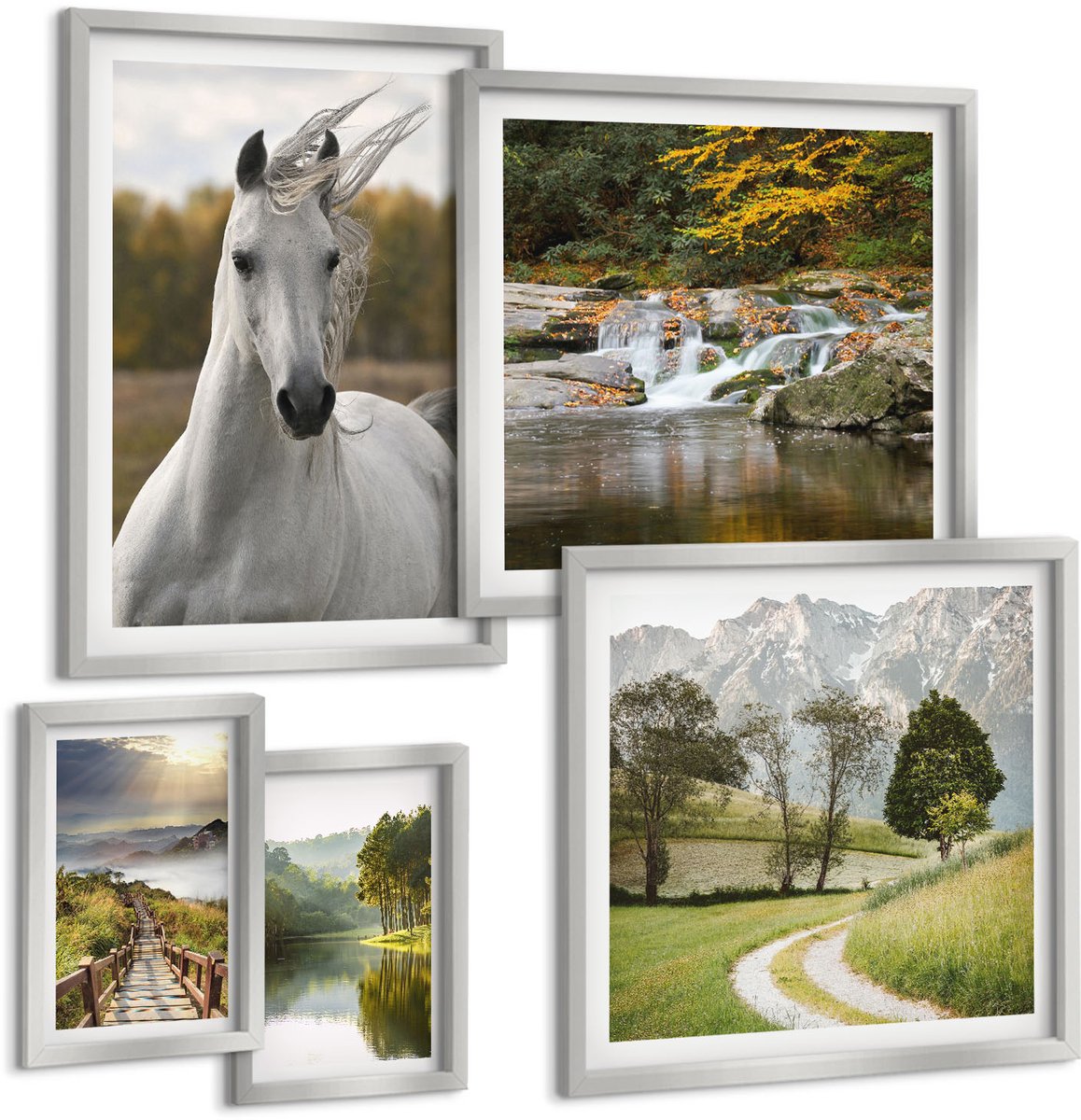 Coloray 5-Delige Schilderij Set - Witte Paarden Aan De Rivier - Natuurlandschap - 20 x 30 cm - Wanddecoratie - Schilderijen Set - Kantoor