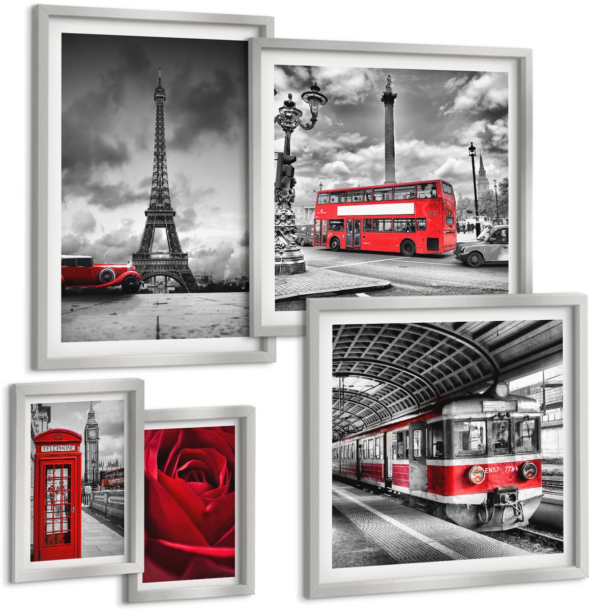 Coloray 5-Delige Schilderij Set - Iconische Steden: Londen, Parijs En Het Spoorvervoer - 20 x 30 cm - Stijlvolle Muurdecoratie - Slaapkamer - Moderne Wanddecoratie
