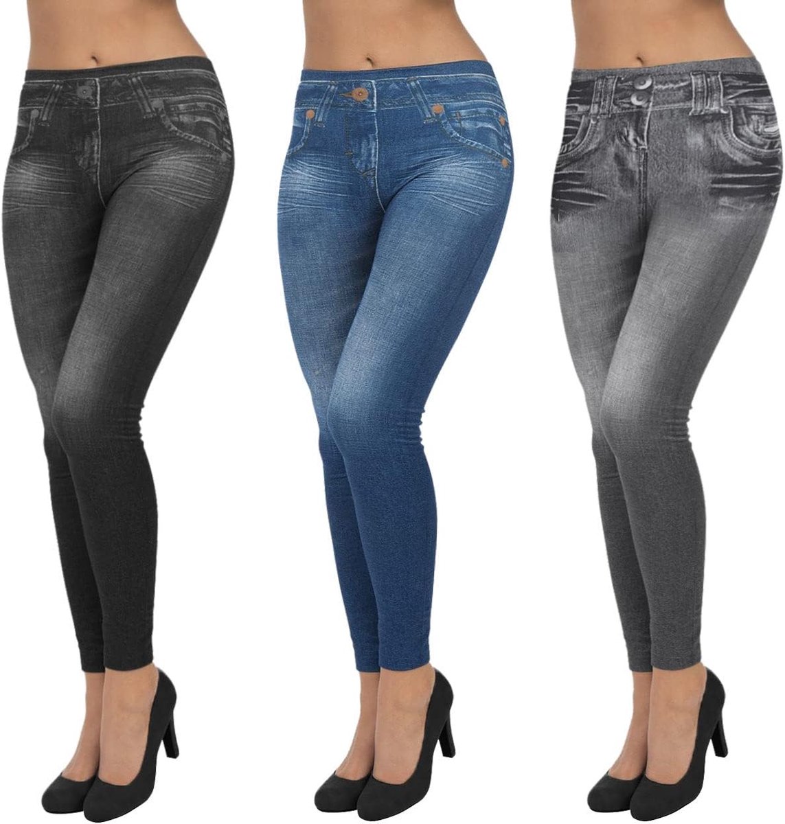 Dameslegging met hoge tailleband en denimprint en nauwsluitende stretchlegging, 3 stuks., XXL