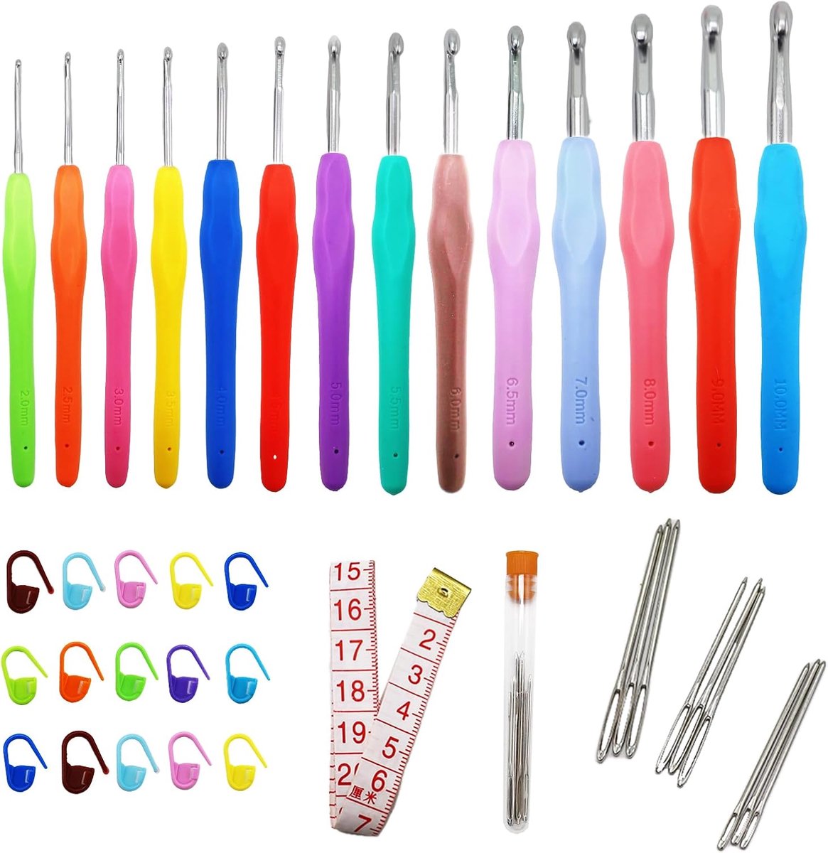 Haaknaaldenset, Haaknaalden met Ergonomische Handgrepen, Aluminium Haaknaalden zacht rubber, 2-10 mm voor Volwassenen en Beginners, Zachte Grip, Veelkleurig