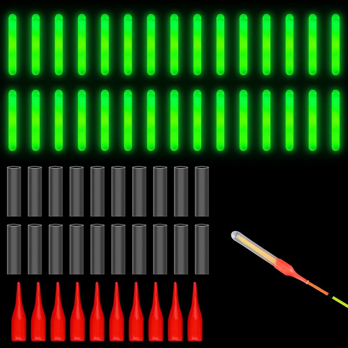 50 stuks Glow Sticks om te vissen, 4,5 x 37,5 mm, licht, lichtstick voor nachtvissen, fluorescerend groen