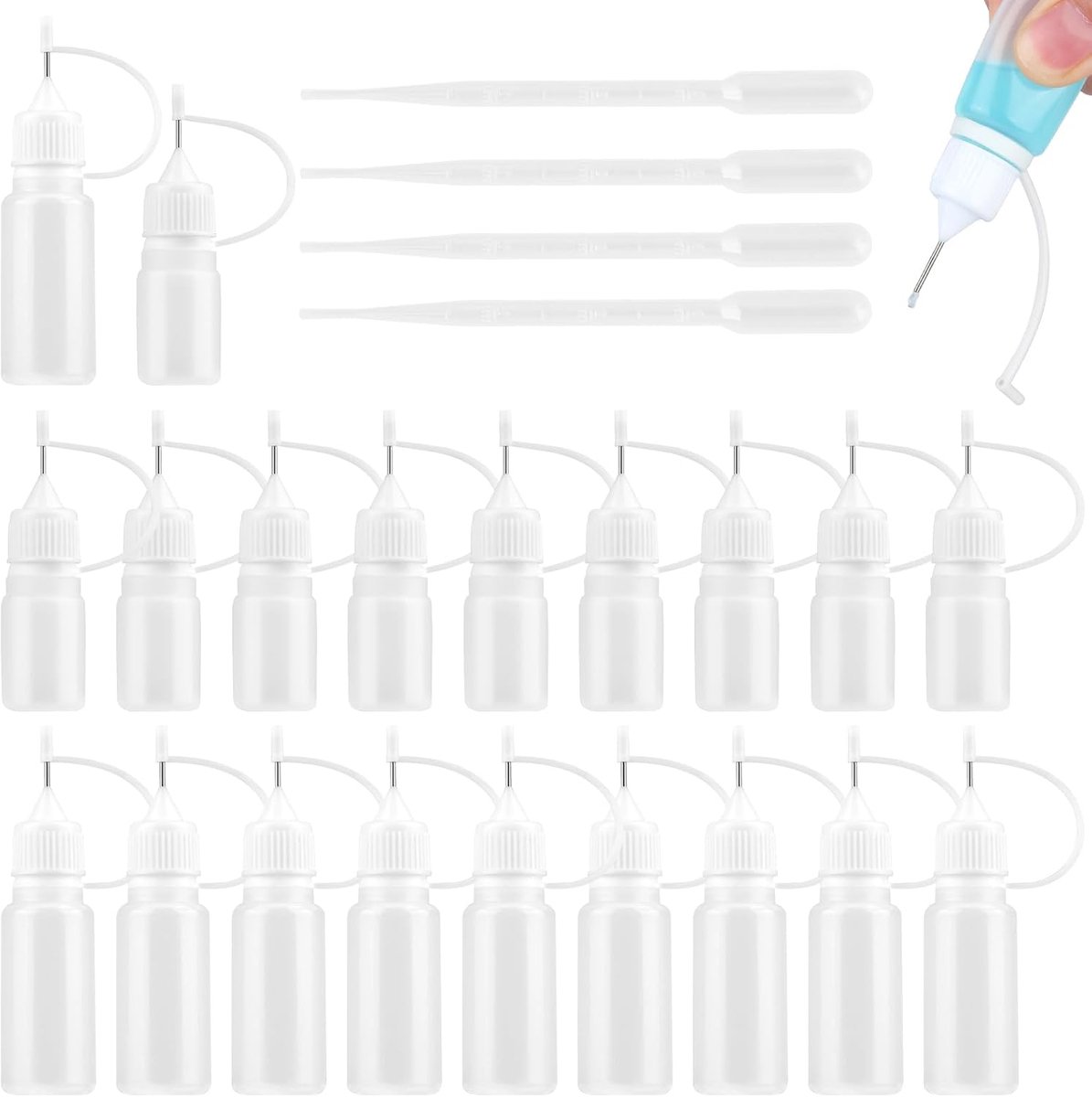 20 stuks naaldflessen, 5 ml/10 ml doseerfles, klein, knijpfles met naaldpunt, lijmfles leeg, applicatorfles met 4 pipetten voor lijm, smeermiddel, pigmenten