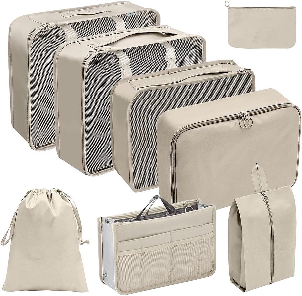 8 Set verpakking kubussen voor reizen, bagage verpakking organisatoren voor vrouwen, mesh bagage organizer tassen met schoenentas, cosmetica tas, kleding tas, accessoires tassen (beige)