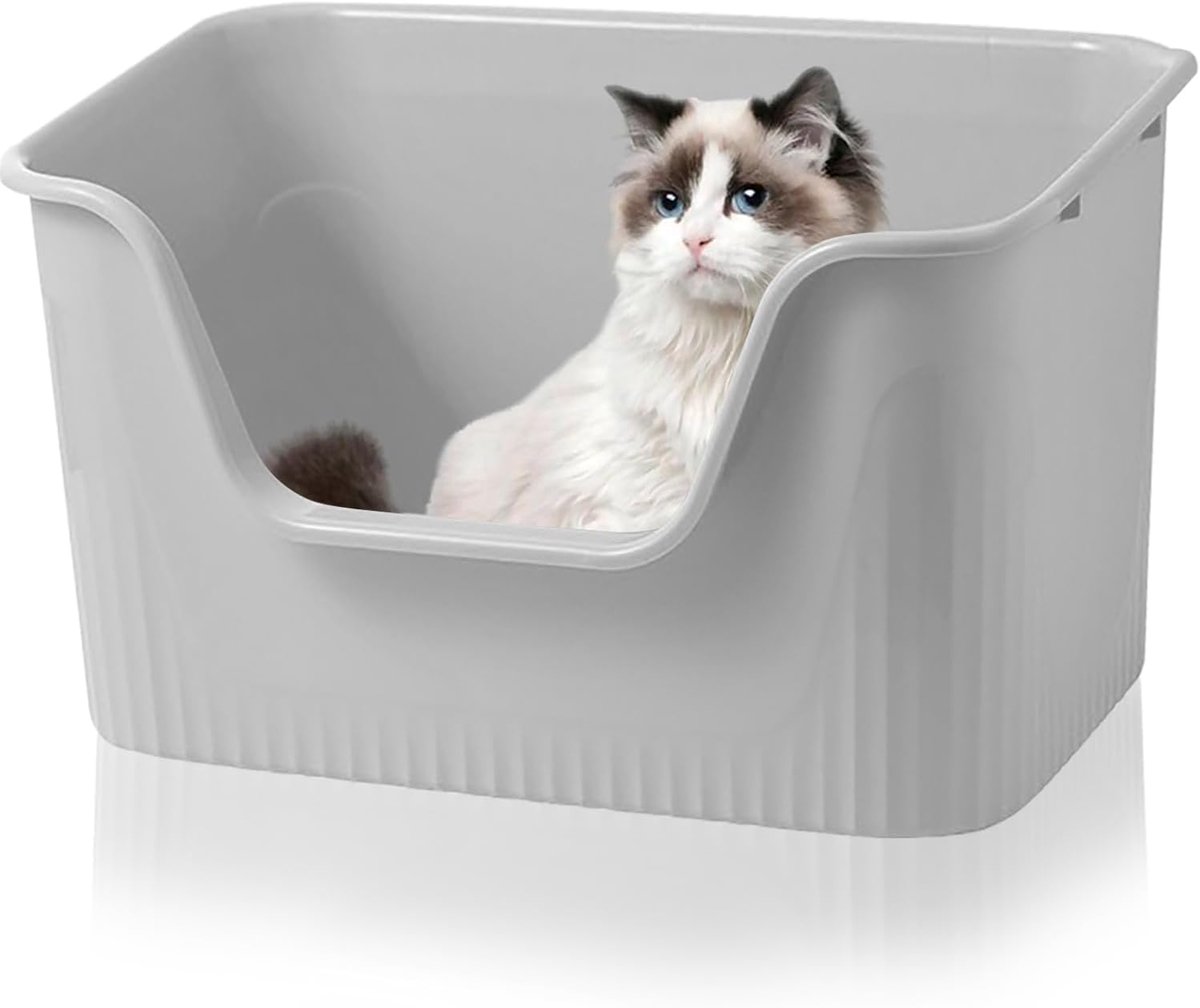 Top Hoogzijdige Kattenbak Extra Groot – 63*45*33cm Spatwaterdicht voor Kat, Konijn, Kitten (Grijs)